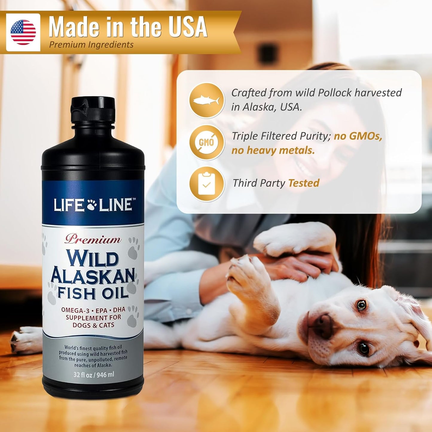 Wild Alaskan Fish Oil Omega-3 Supplement for Pets - Promotes Skin & Coat Health, Brain Function, Eye & Heart Health - 32oz Bottle