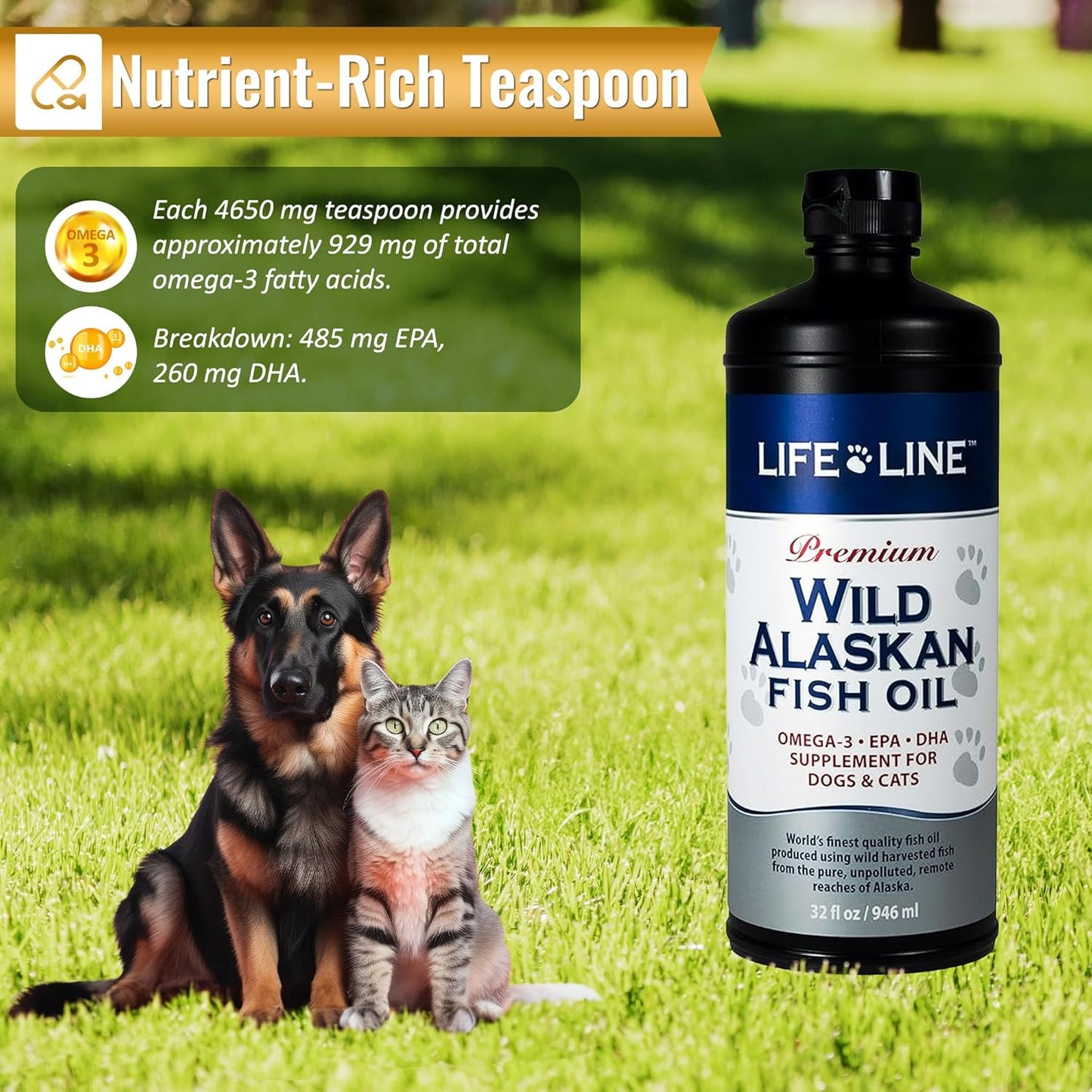 Wild Alaskan Fish Oil Omega-3 Supplement for Pets - Promotes Skin & Coat Health, Brain Function, Eye & Heart Health - 32oz Bottle