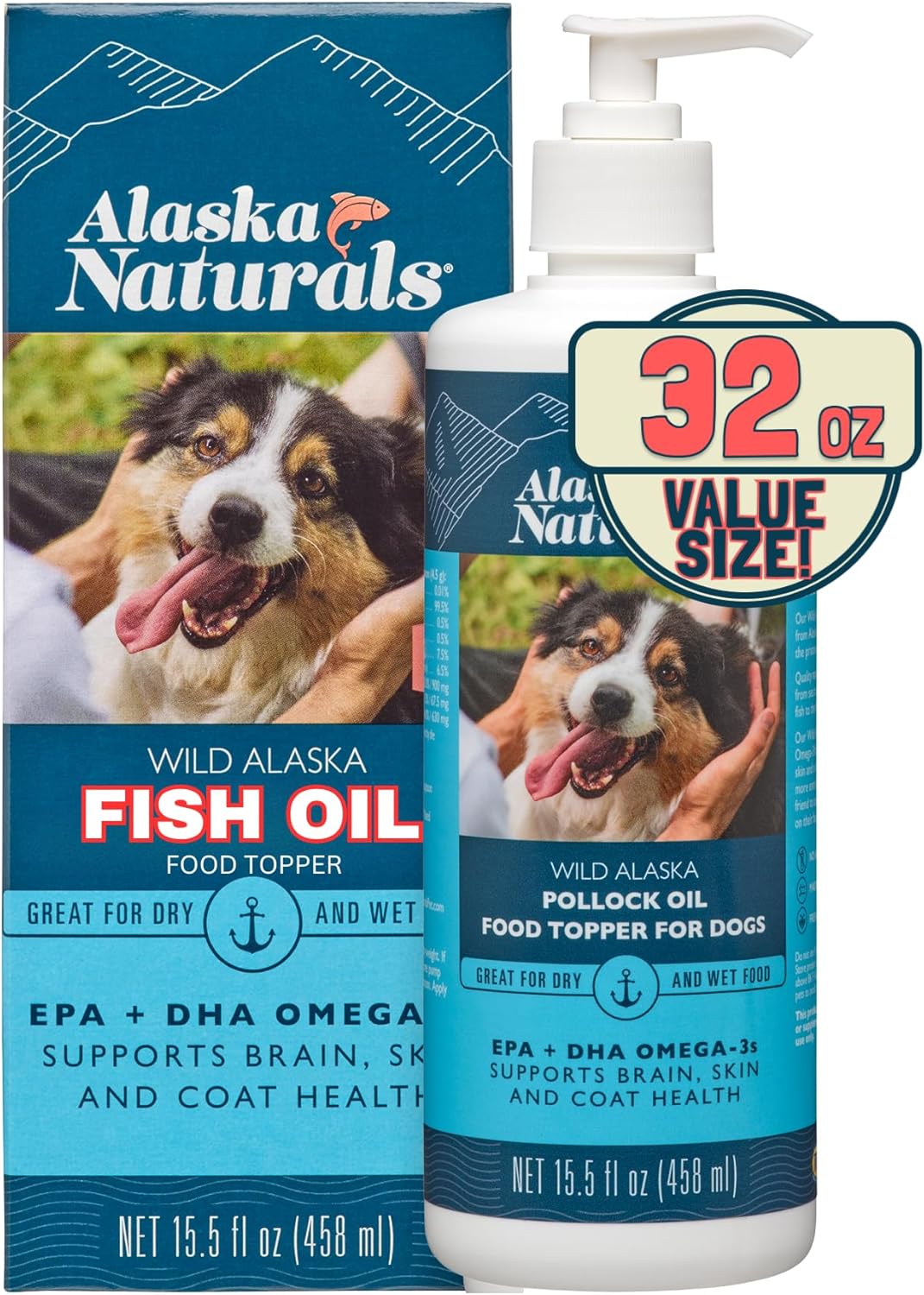 Wild Alaskan Fish Oil Supplement for Dogs Skin and Coat | EPA DHA Omega 3 Fatty Acids Liquid Topper 32 oz Pump - Sustainable by Alaska Naturals