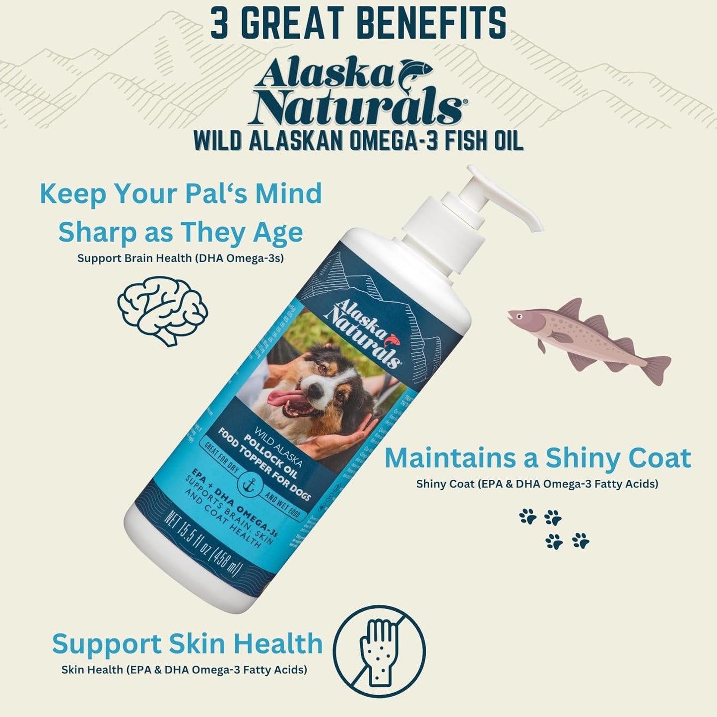 Wild Alaskan Fish Oil Supplement for Dogs Skin and Coat | EPA DHA Omega 3 Fatty Acids Liquid Topper 32 oz Pump - Sustainable by Alaska Naturals