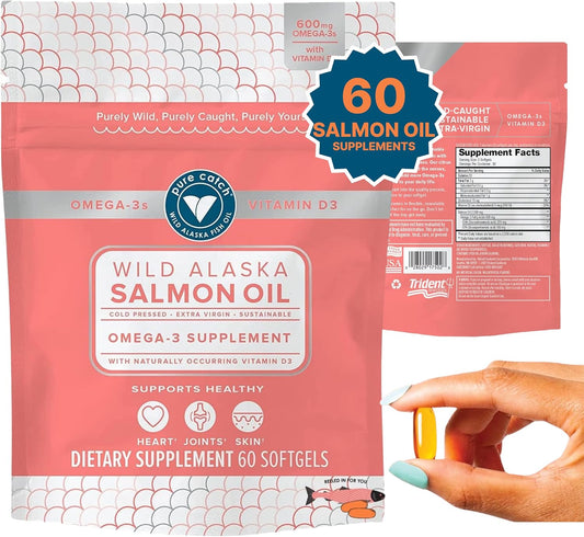 Wild Alaskan Fish Oil with Vitamin D3 for Women - Omega-3 Salmon Supplement with EPA and DHA - 60 Citrus Soft Gels for Joint, Skin, and Heart Health