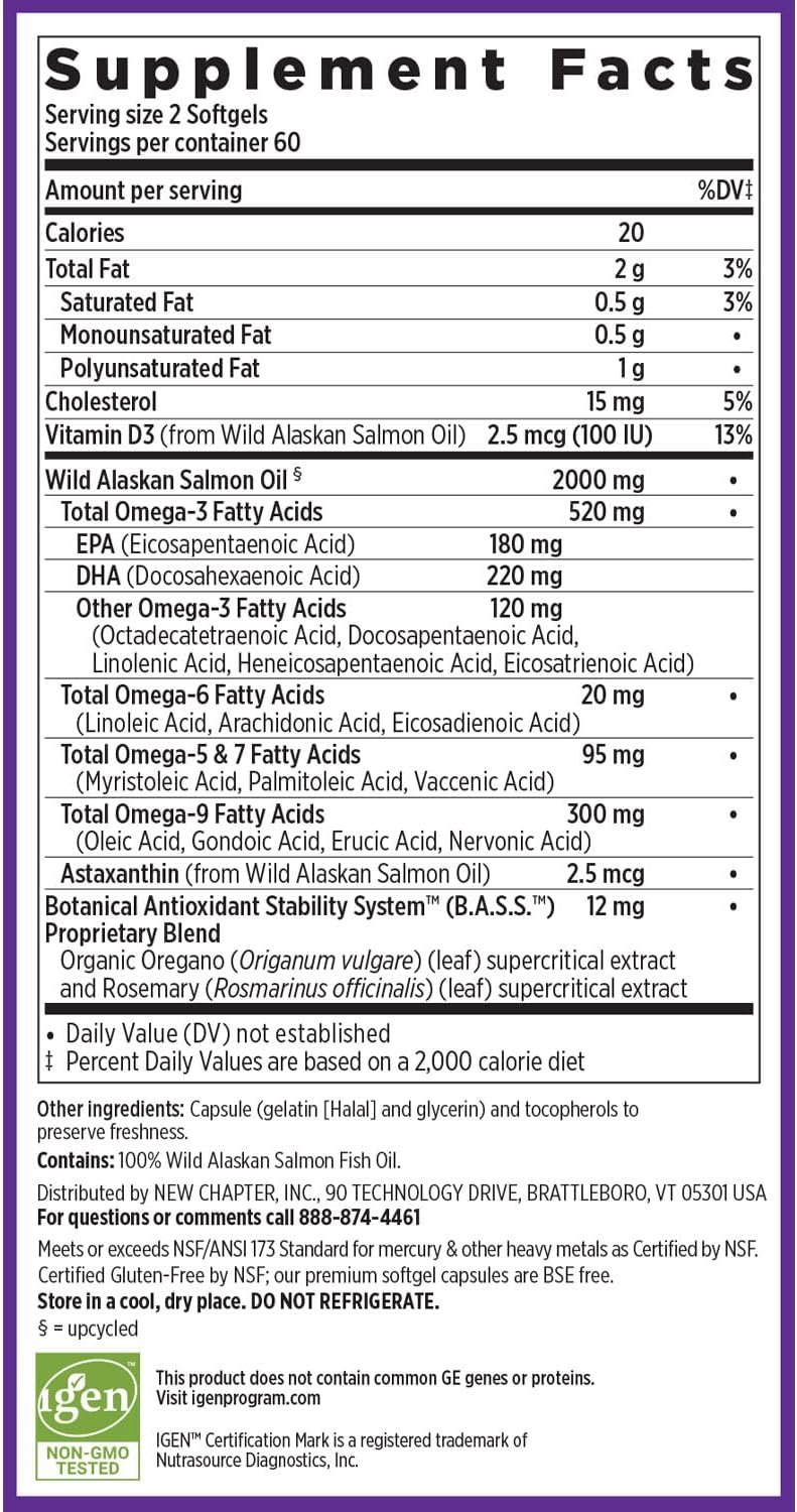 Wild Alaskan Salmon Oil Fish Oil Supplement with Omega-3, Vitamin D3, and Astaxanthin - Sustainably Caught - 120 Softgels, 1000mg