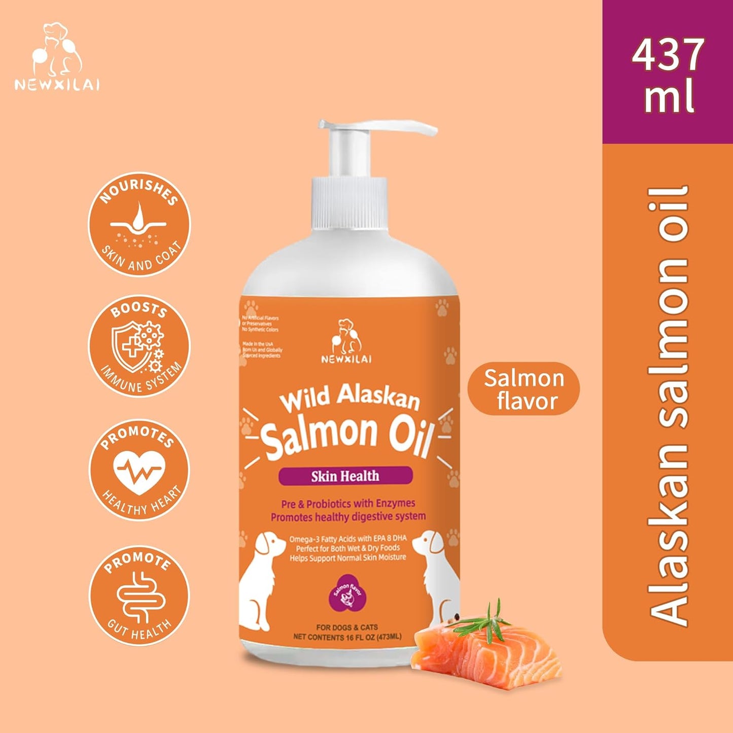 Wild Alaskan Salmon Oil for Dogs & Cats - Omega 3 EPA DHA Liquid Supplement - Skin & Coat, Joint Health, Allergy Relief - Pump Bottle Formula