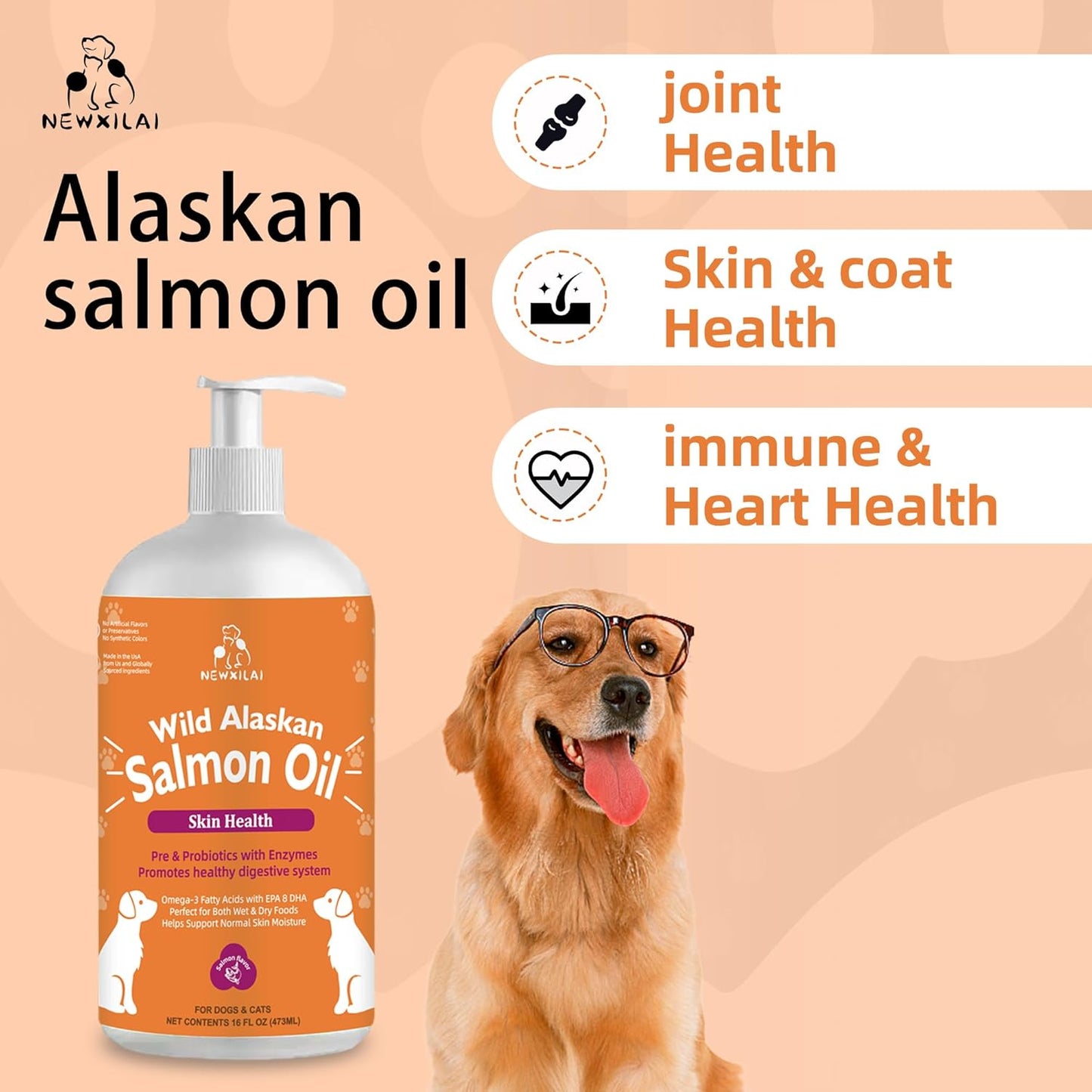 Wild Alaskan Salmon Oil for Dogs & Cats - Omega 3 EPA DHA Liquid Supplement - Skin & Coat, Joint Health, Allergy Relief - Pump Bottle Formula