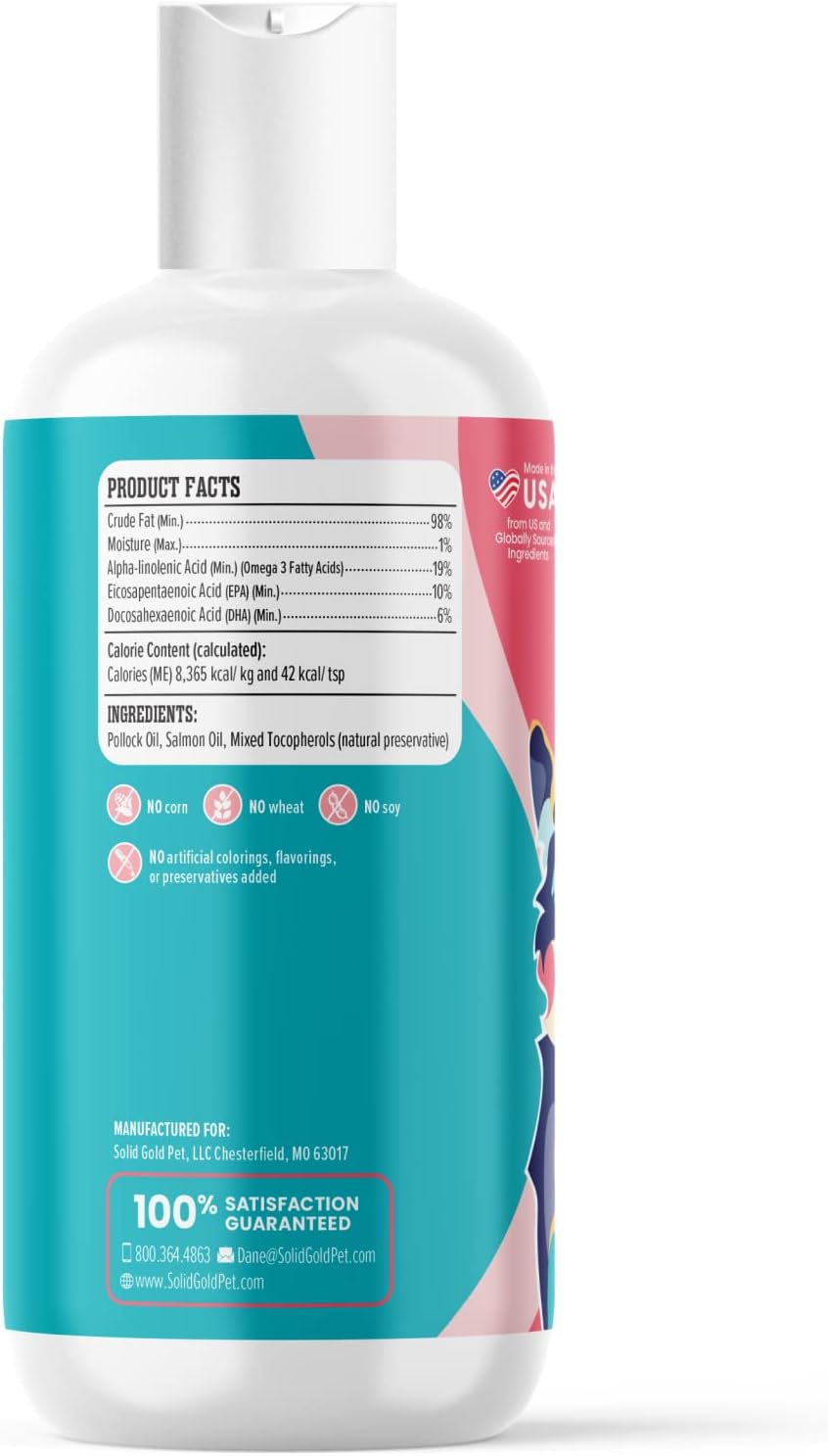 Wild Alaskan Salmon Oil for Dogs & Cats - Omega 3 Pollock Oil Blend with EPA & DHA - Skin and Coat Support - Immune System Health - 8 oz Bottle