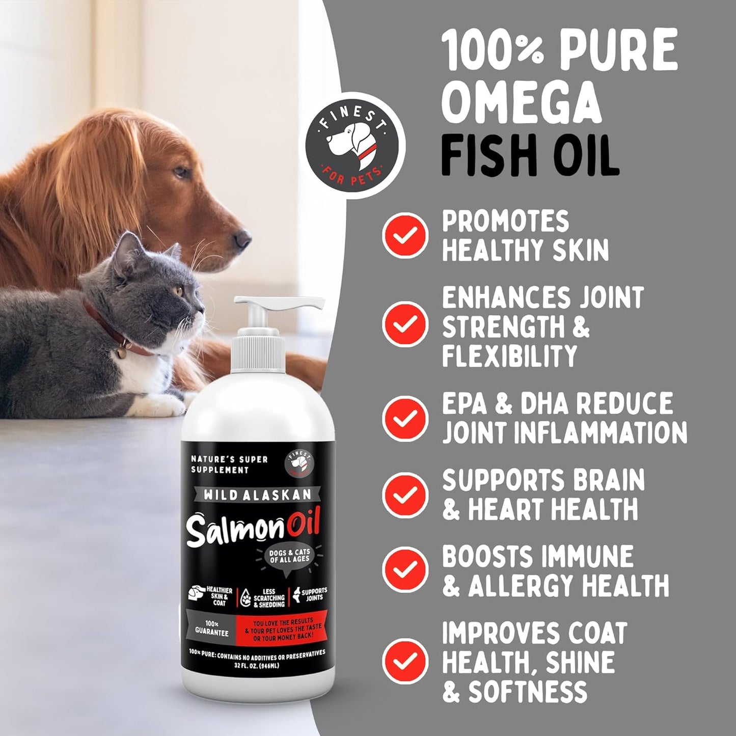 Wild Alaskan Salmon Oil for Dogs & Cats - Omega 3 Skin & Coat Supplement - Supports Joint & Heart Health - 32 oz