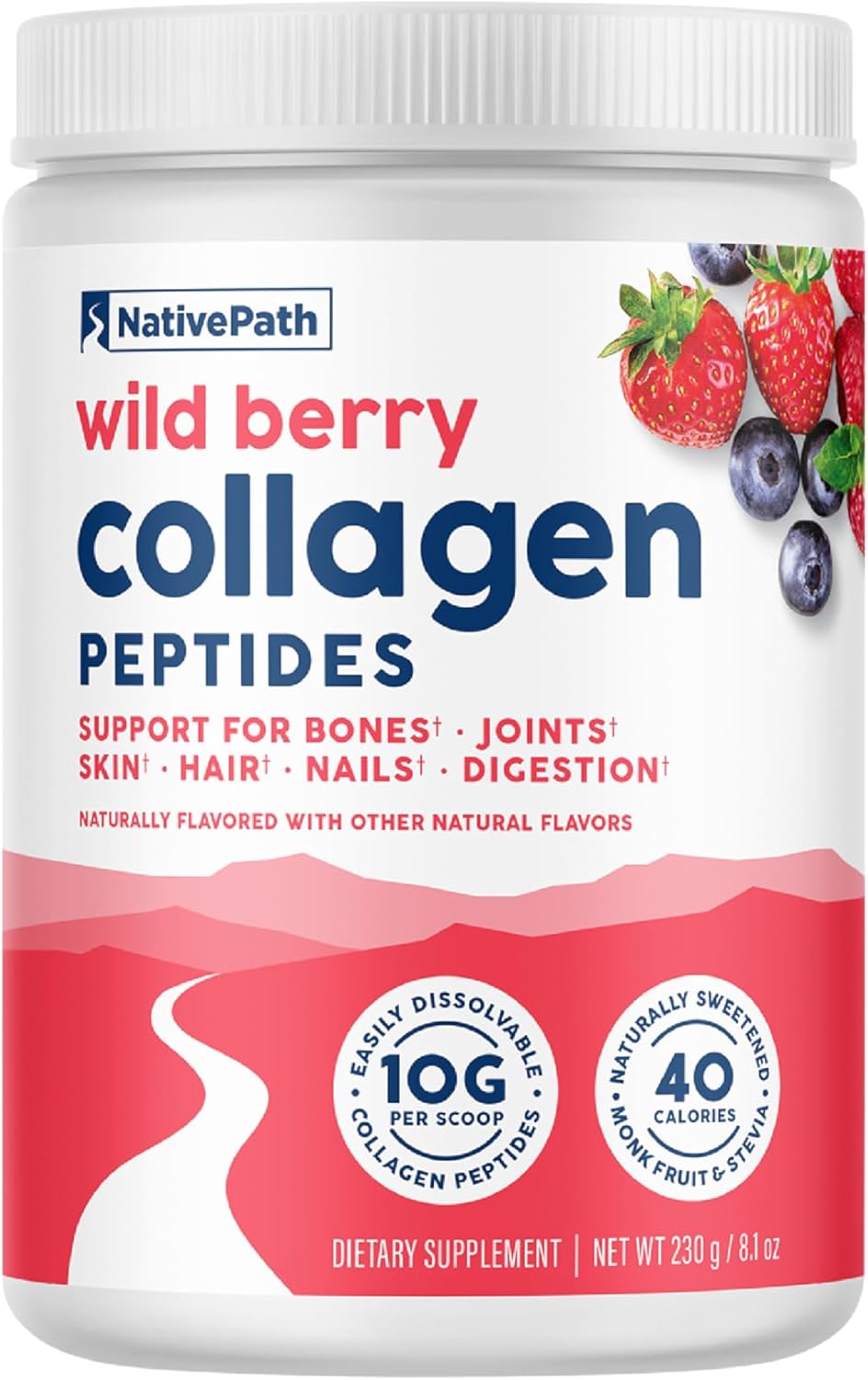 Wild Berry Collagen Peptides Powder - Hydrolyzed Type 1 & 3, Grass-Fed Protein for Hair, Skin, Nails, Bones, Joints, Digestion - Keto & Paleo Friendly, Gluten & Dairy-Free (230g)