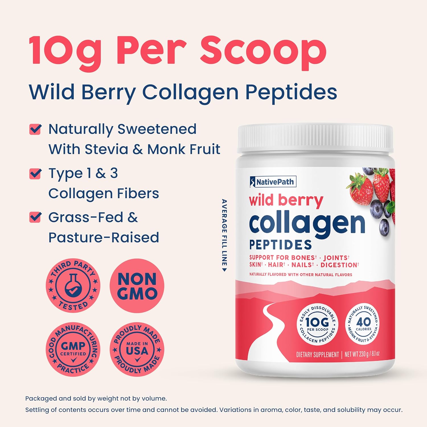 Wild Berry Collagen Peptides Powder - Hydrolyzed Type 1 & 3, Grass-Fed Protein for Hair, Skin, Nails, Bones, Joints, Digestion - Keto & Paleo Friendly, Gluten & Dairy-Free (230g)