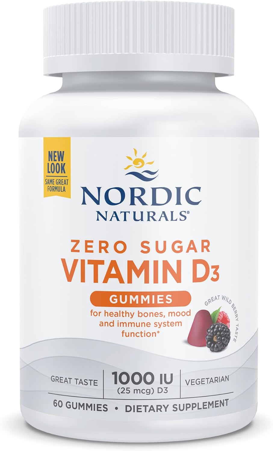 Wild Berry Flavored Zero Sugar Vitamin D3 Gummies - 60 Gummies, 1000 IU - Supports Bone Health, Mood, Immunity - Non-GMO - 60 Servings