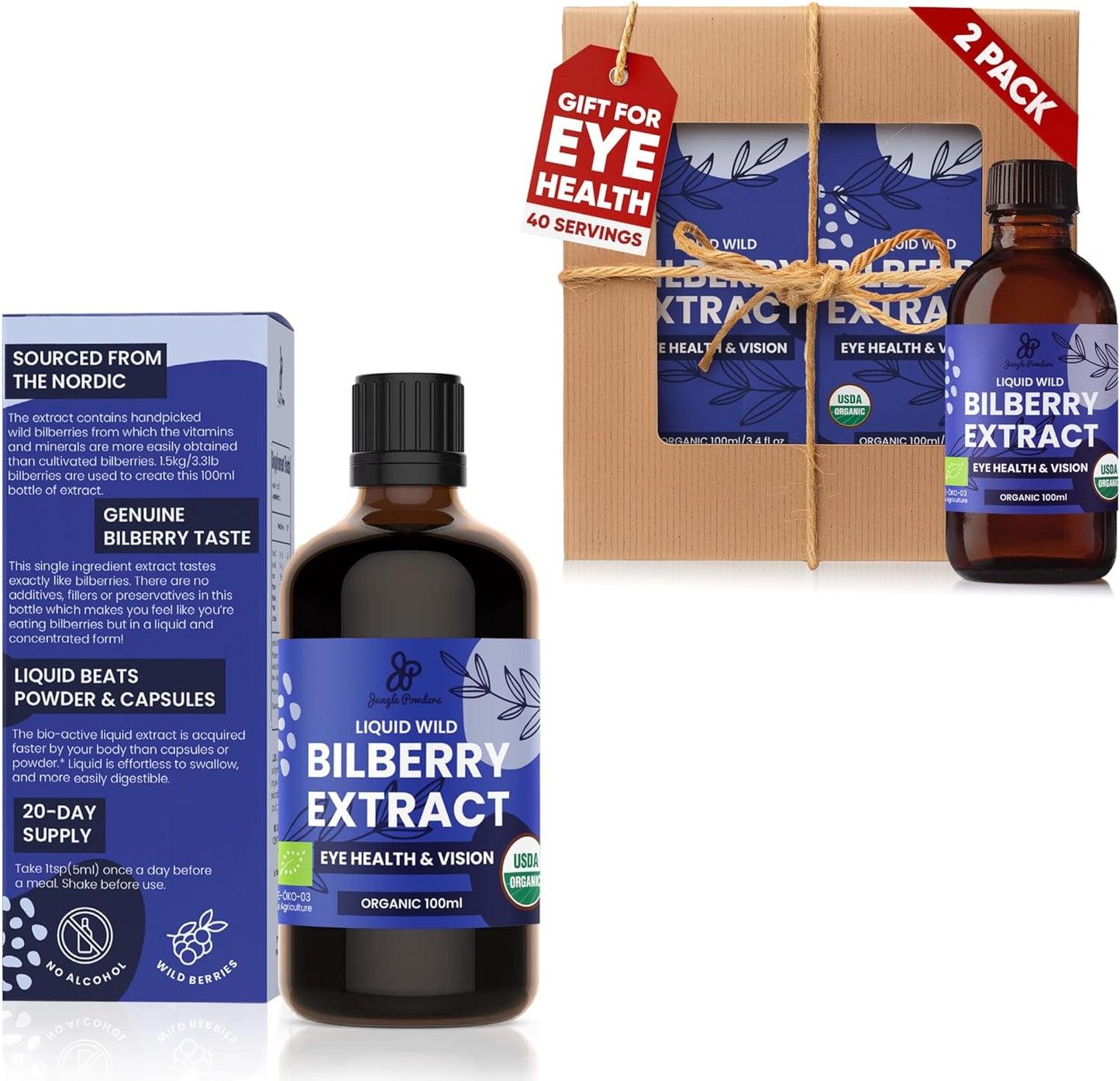 Wild Bilberry Extract Liquid Supplement - 3 Bottles x 3.4oz - High Bioavailability Anthocyanin-Rich European Blueberry for Eye Health - Alcohol-Free Jungle Powders