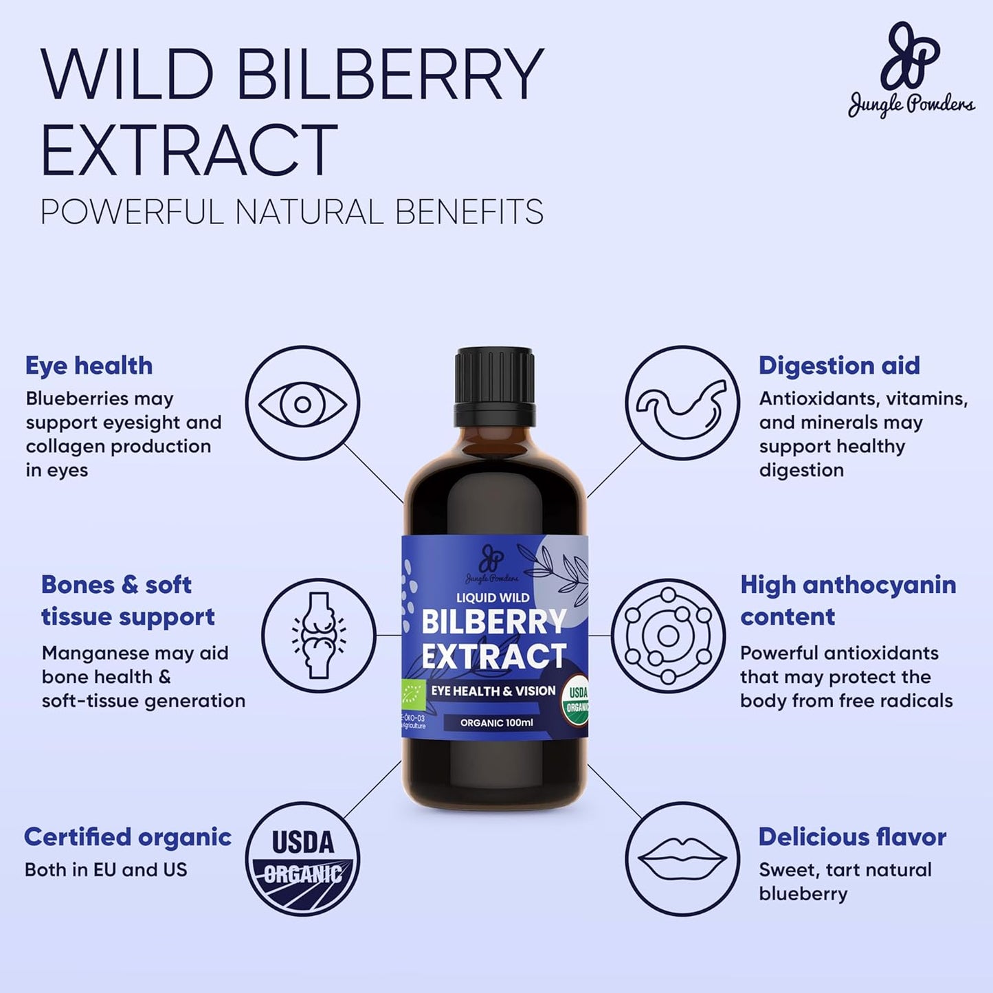 Wild Bilberry Extract Liquid Supplement - 3 Bottles x 3.4oz - High Bioavailability Anthocyanin-Rich European Blueberry for Eye Health - Alcohol-Free Jungle Powders