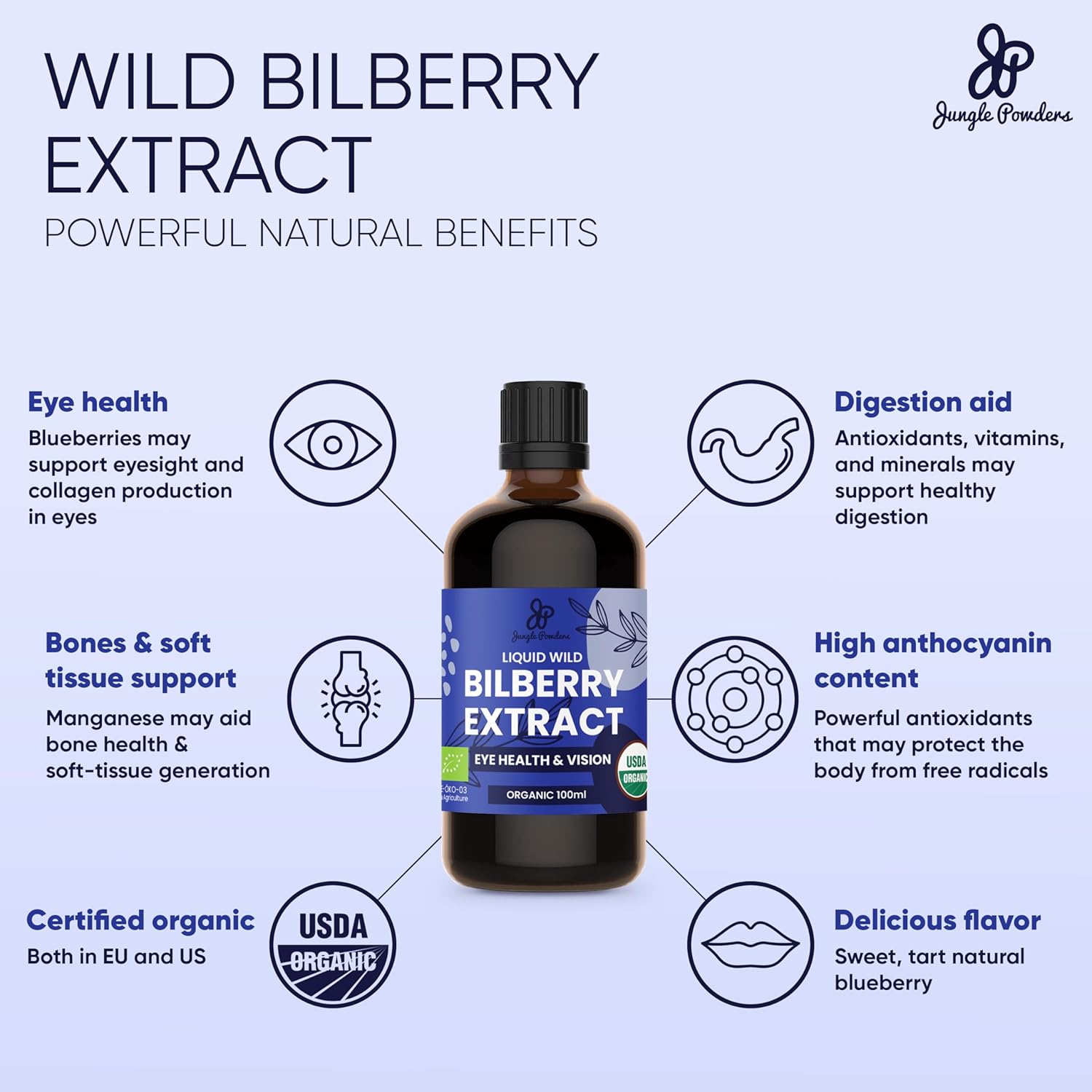 Wild Bilberry Extract Liquid Supplement - 3 Bottles x 3.4oz - High Bioavailability Anthocyanin-Rich European Blueberry for Eye Health - Alcohol-Free Jungle Powders