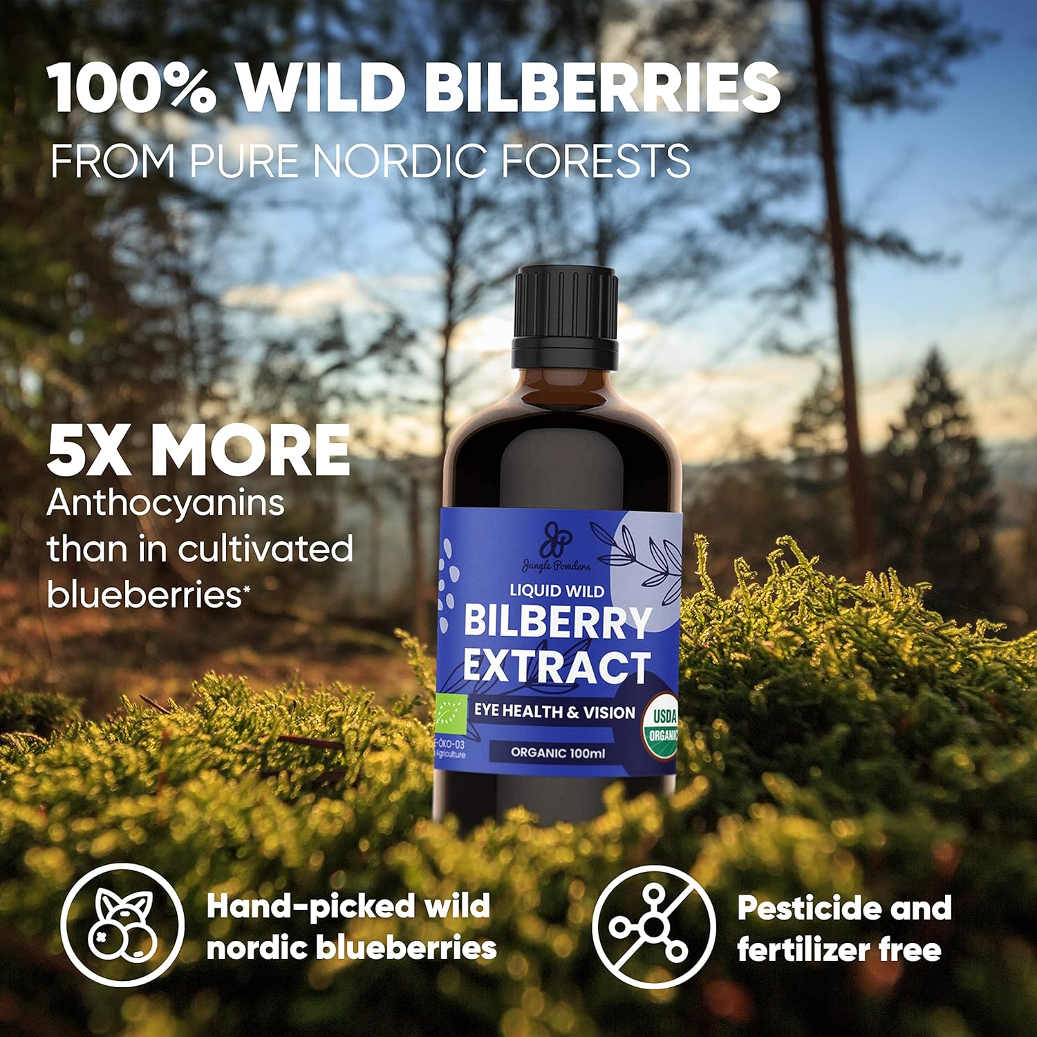 Wild Bilberry Extract Liquid Supplement - 3 Bottles x 3.4oz - High Bioavailability Anthocyanin-Rich European Blueberry for Eye Health - Alcohol-Free Jungle Powders
