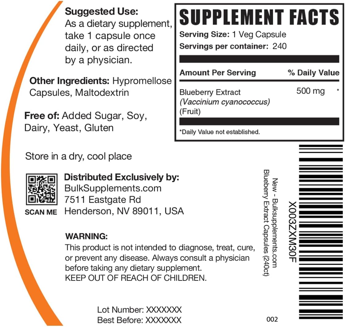 Wild Blueberry Extract Capsules - Vegan & Gluten Free Supplement - 240 Veg Capsules - Single Serving Capsule