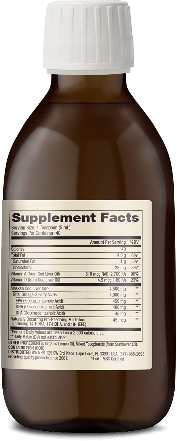 Wild Caught Alaskan Cod Liver Oil with 1,000mg Omega-3s, 40 Servings, Brain Support, Non-GMO, MSC Certified - 6.8 Fl. Oz.