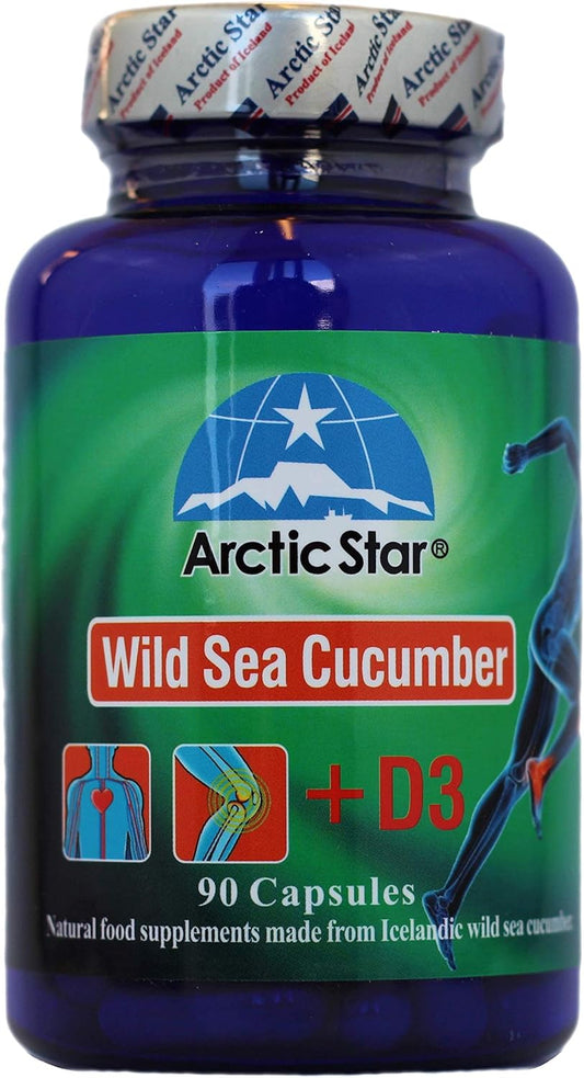 Wild Caught Arctic Star Sea Cucumber Extract Capsules with Vitamin D3 - 90 Pills, 400mg - Cucumaria Frondosa Supplement Bottle