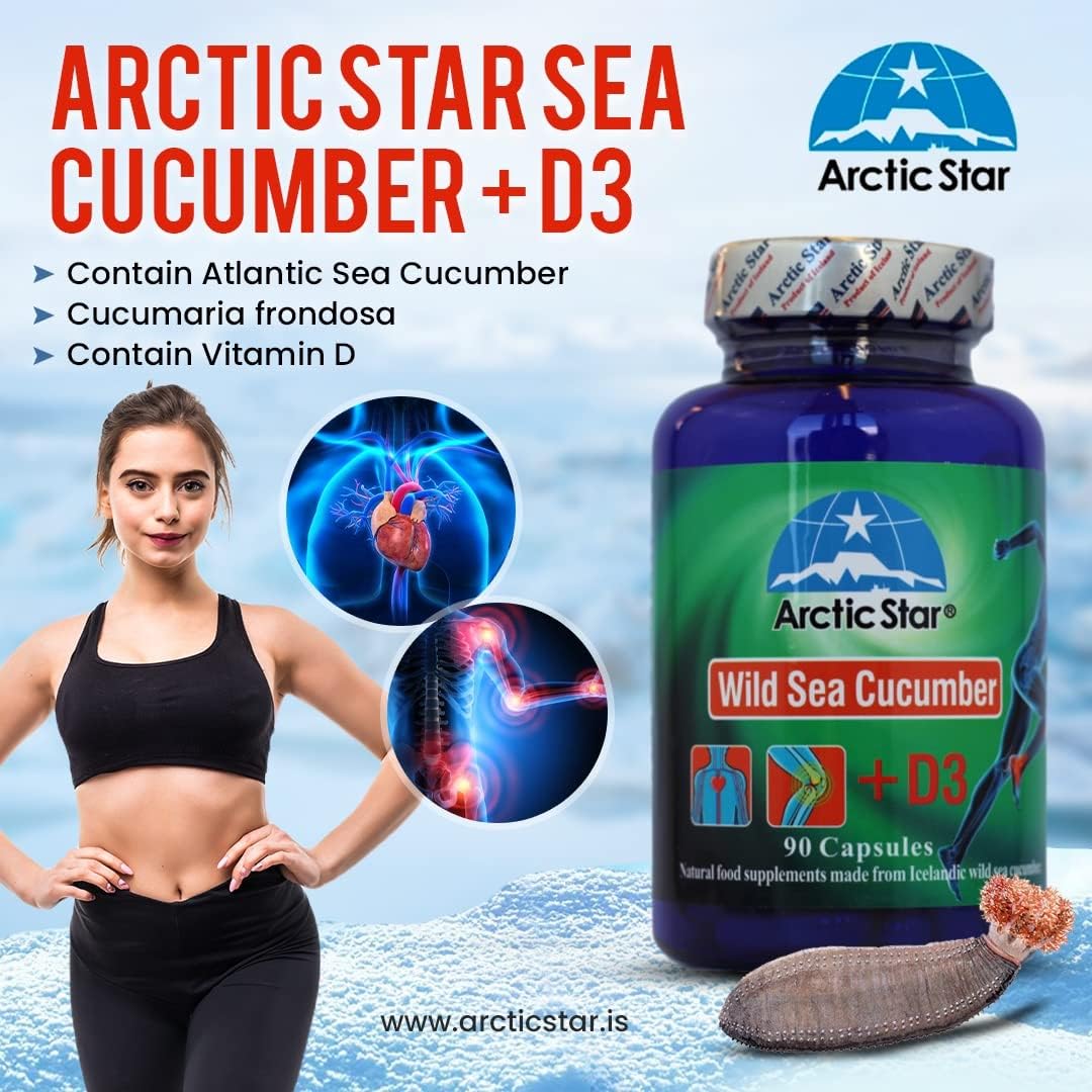 Wild Caught Arctic Star Sea Cucumber Extract Capsules with Vitamin D3 - 90 Pills, 400mg - Cucumaria Frondosa Supplement Bottle