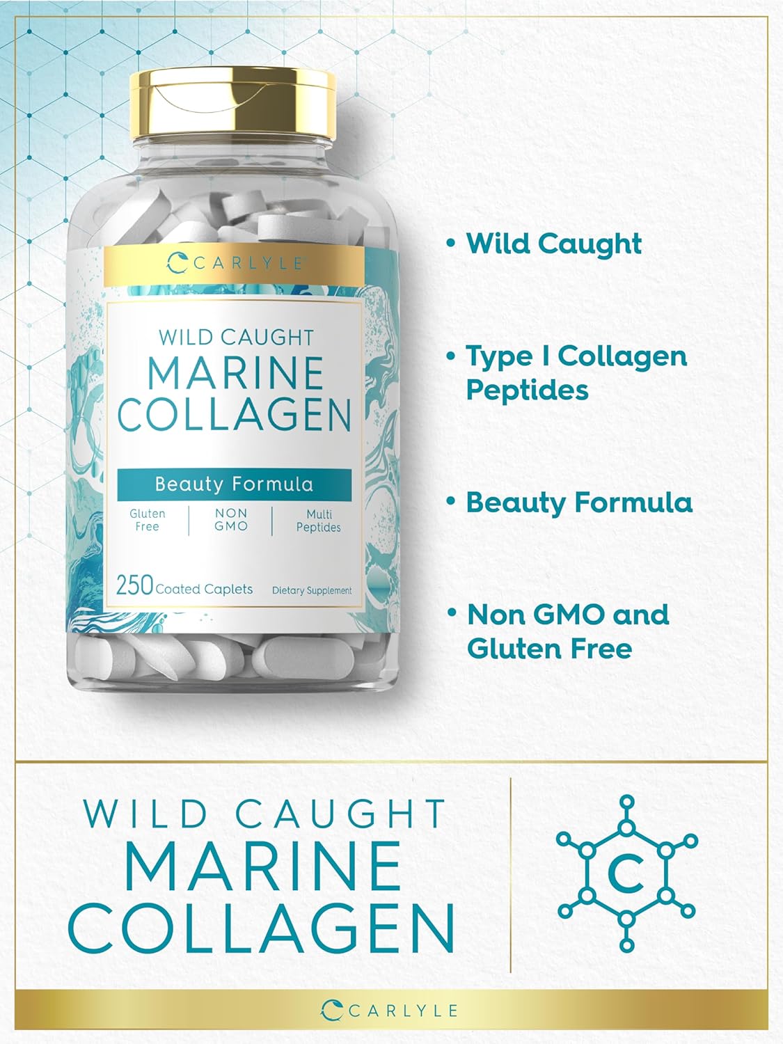 Wild Caught Carlyle Marine Collagen Peptides Pills - 250 Caplets | Non-GMO, Gluten Free Formula