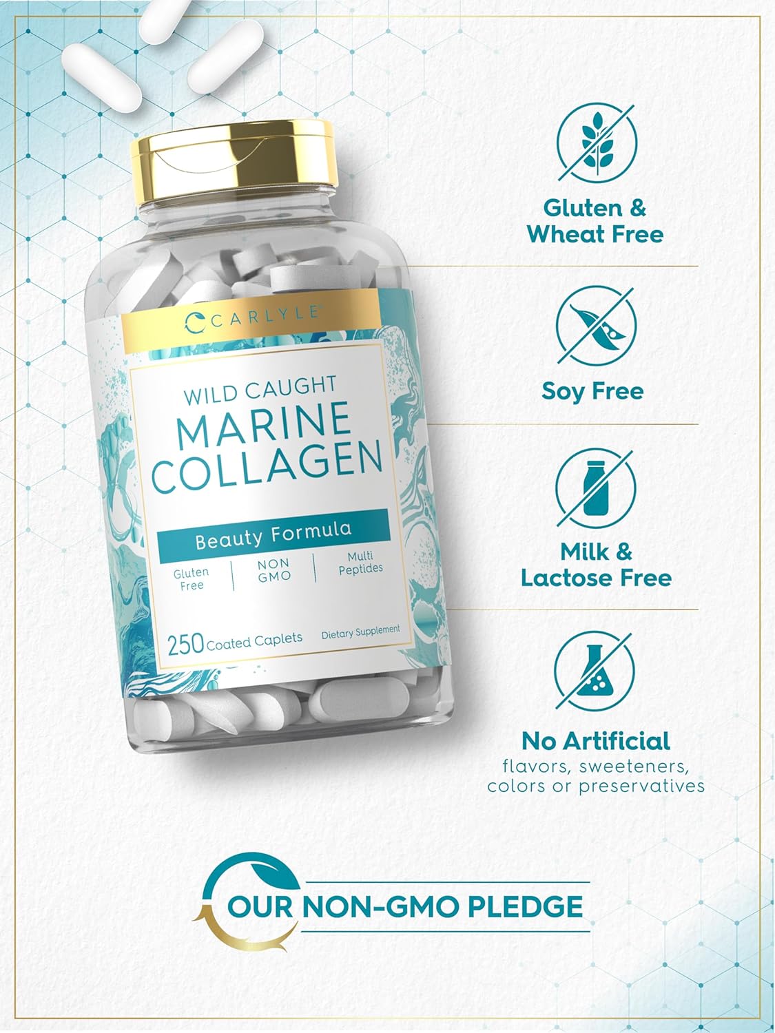 Wild Caught Carlyle Marine Collagen Peptides Pills - 250 Caplets | Non-GMO, Gluten Free Formula