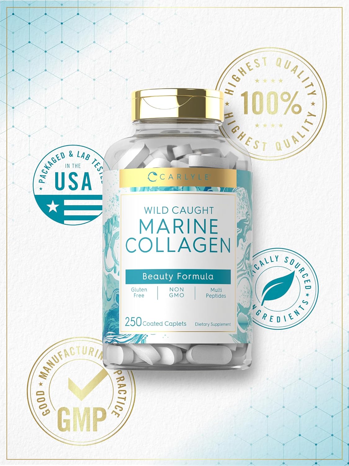Wild Caught Carlyle Marine Collagen Peptides Pills - 250 Caplets | Non-GMO, Gluten Free Formula