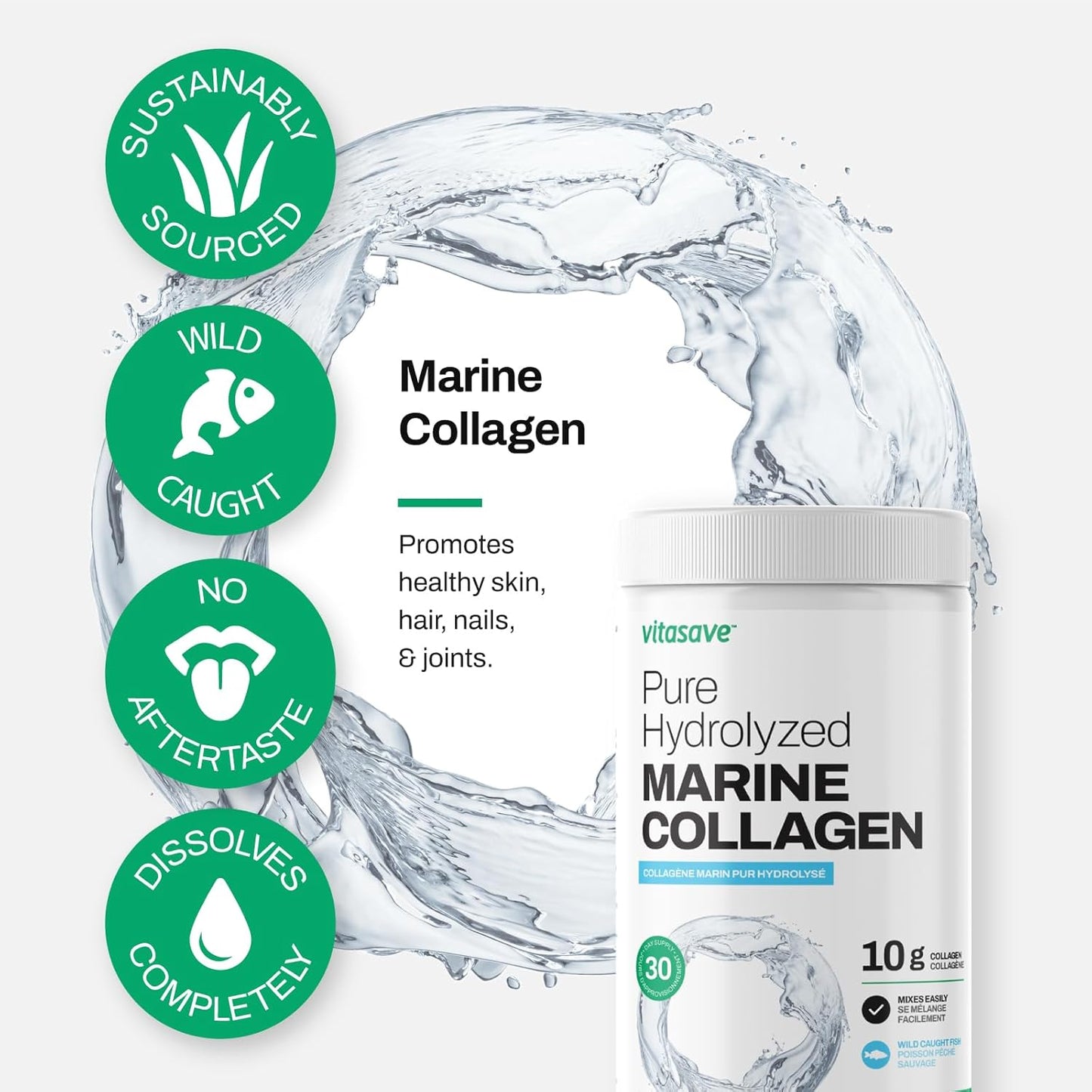 Wild-Caught Marine Collagen Peptides Powder - Non-GMO, Hydrolyzed - Supports Skin, Hair, Nails, Joints - Unflavored - 30 Day Supply