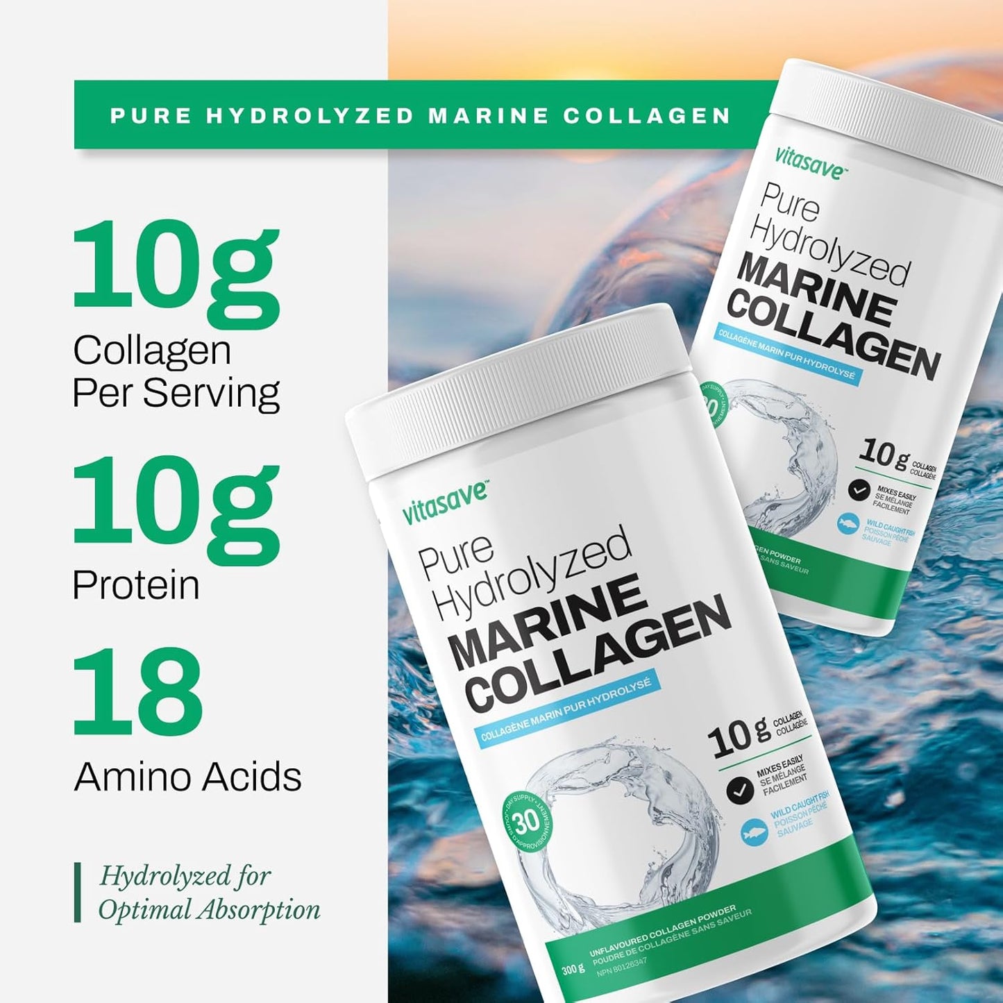 Wild-Caught Marine Collagen Peptides Powder - Non-GMO, Hydrolyzed - Supports Skin, Hair, Nails, Joints - Unflavored - 30 Day Supply