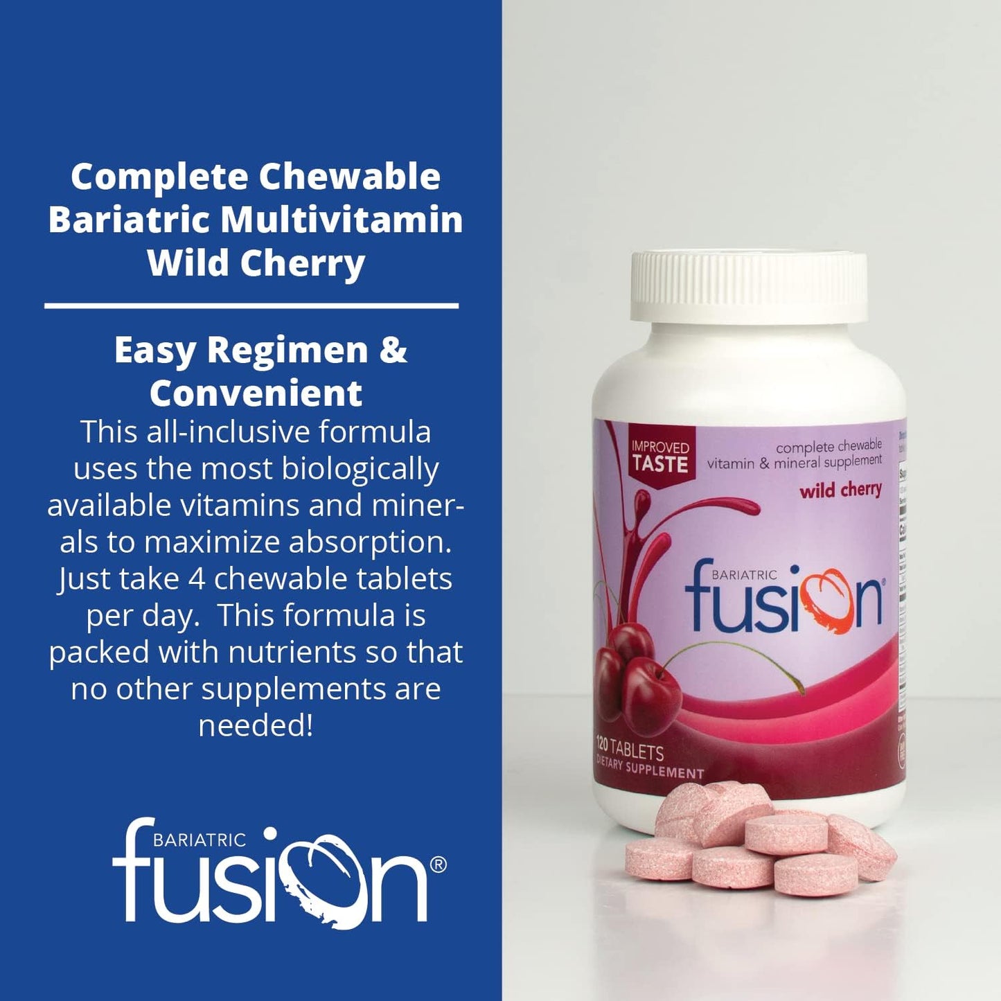 Wild Cherry Chewable Bariatric Multivitamin with Iron - 120 Tablets for Gastric Bypass & Sleeve Gastrectomy