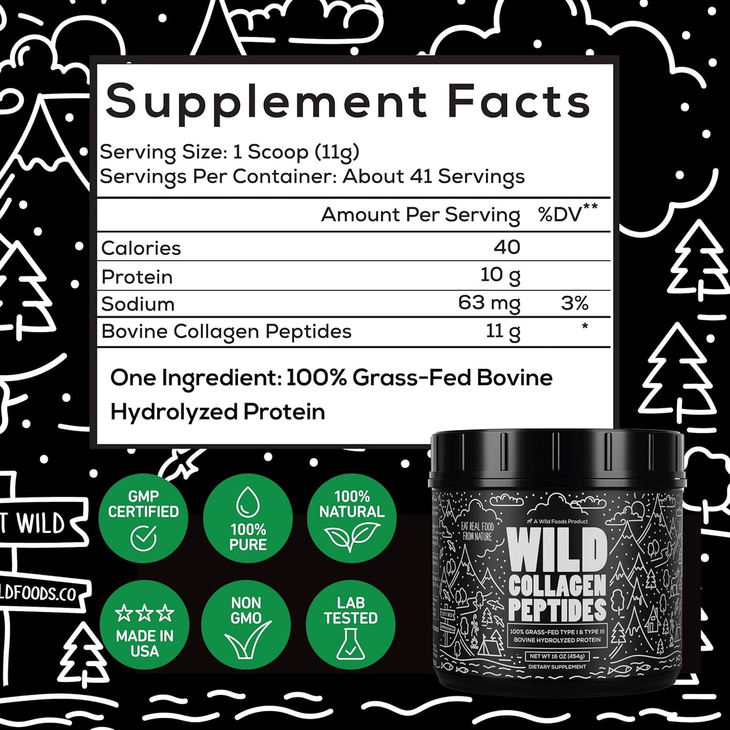 Wild Foods Collagen Peptides Powder - Unflavored Protein for Men & Women | Non-GMO, Keto & Paleo Friendly - 16 oz