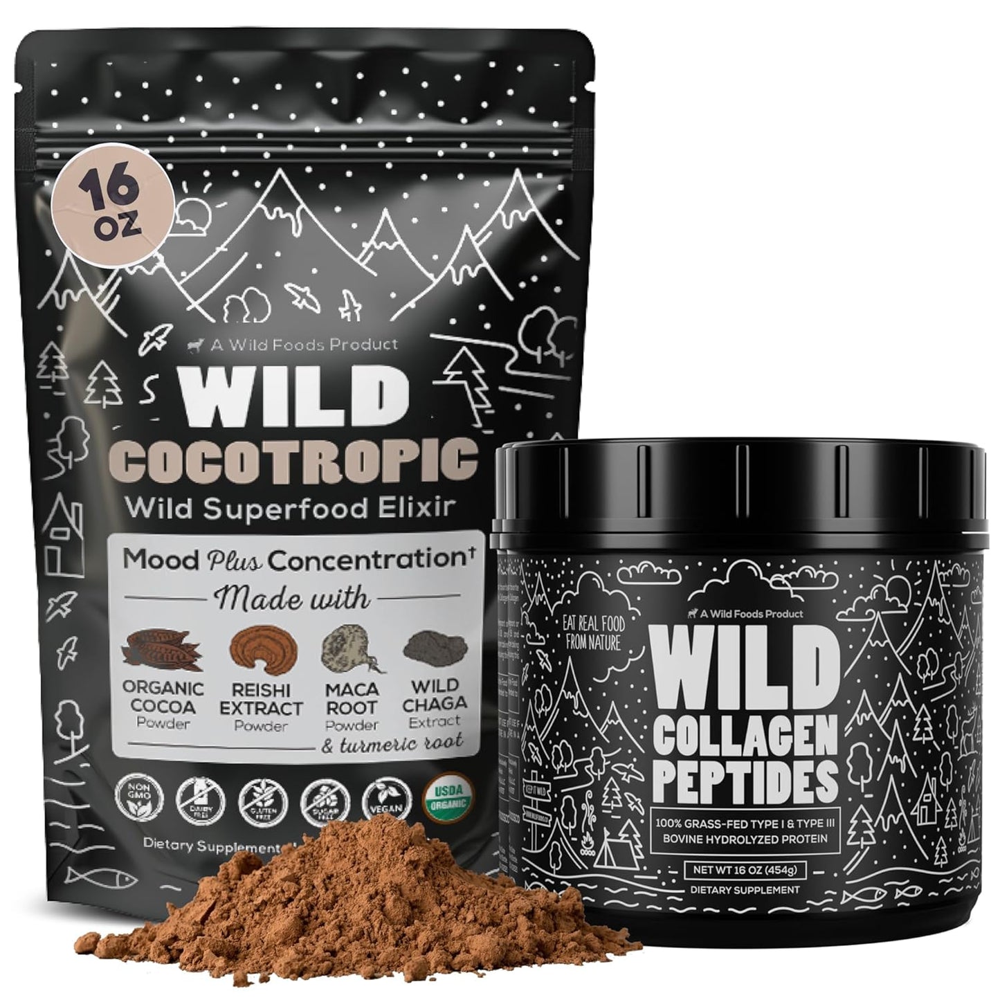 Wild Foods Organic Mushroom Cacao & Collagen Peptides Bundle - 16oz each for Skin, Hair, Joint Support