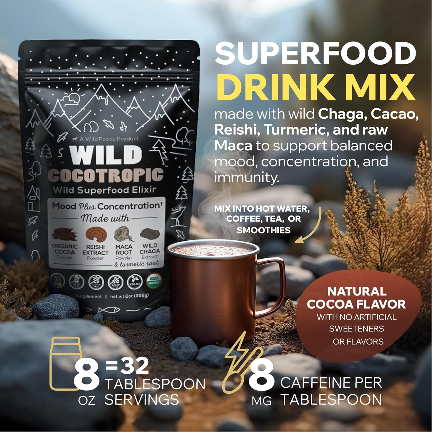 Wild Foods Organic Mushroom Cacao & Collagen Peptides Bundle - 16oz each for Skin, Hair, Joint Support