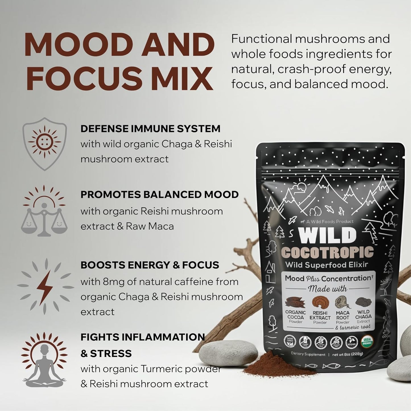Wild Foods Organic Mushroom Cacao & Collagen Peptides Bundle - 16oz each for Skin, Hair, Joint Support
