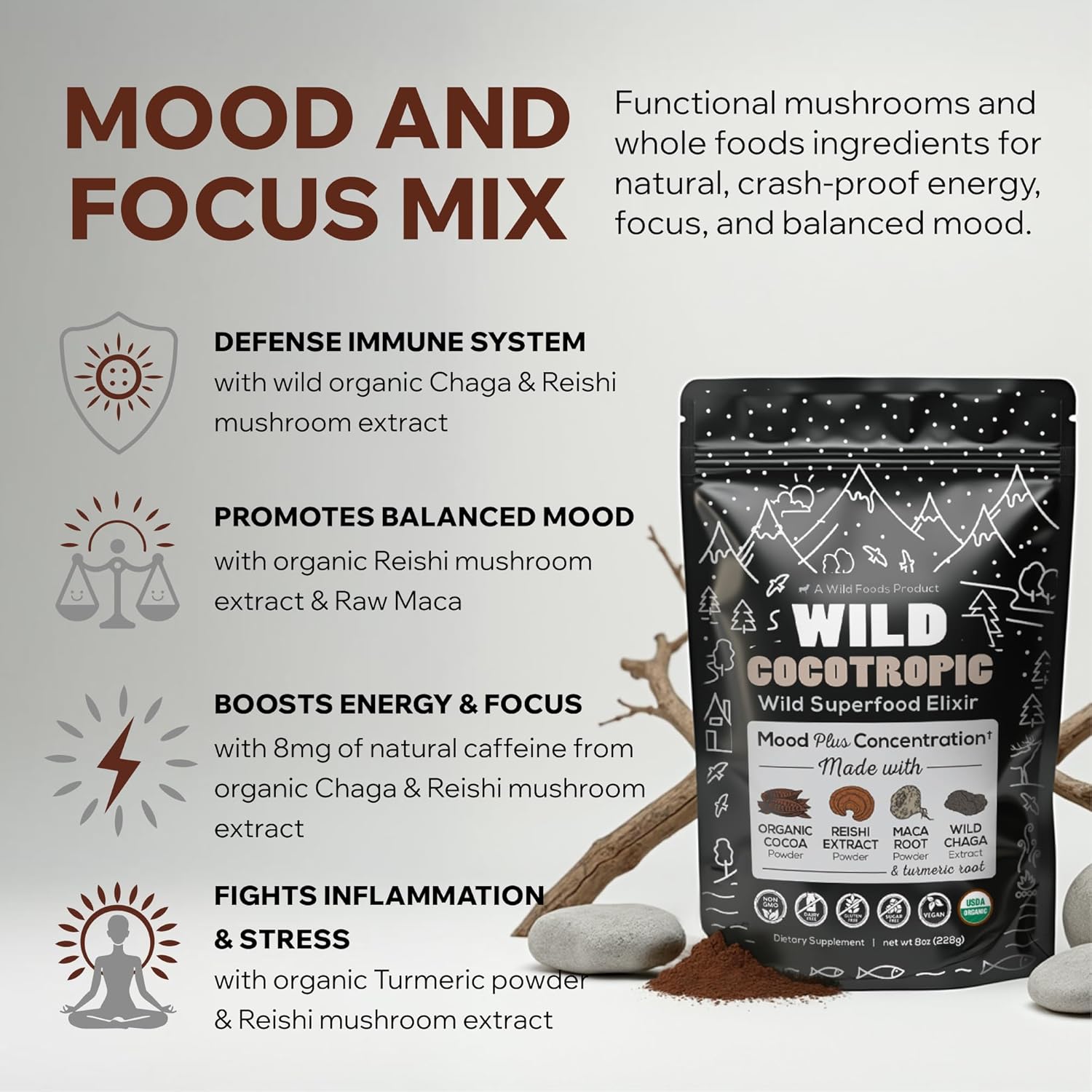 Wild Foods Organic Mushroom Cacao & Collagen Peptides Bundle - 16oz each for Skin, Hair, Joint Support