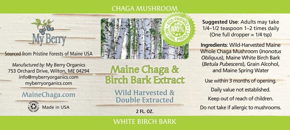 Wild Harvested Berry Chaga Mushroom Extract Liquid, Double Extracted, 2oz, USA & Canadian Grown, Pesticide-Free