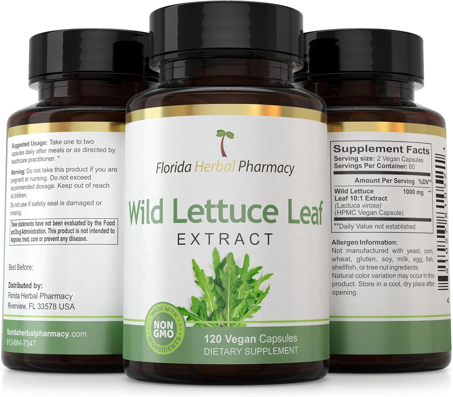 Wild Lettuce Leaf Extract Capsules 10:1, 120 Capsules, 500mg per Capsule - Florida Herbal Pharmacy
