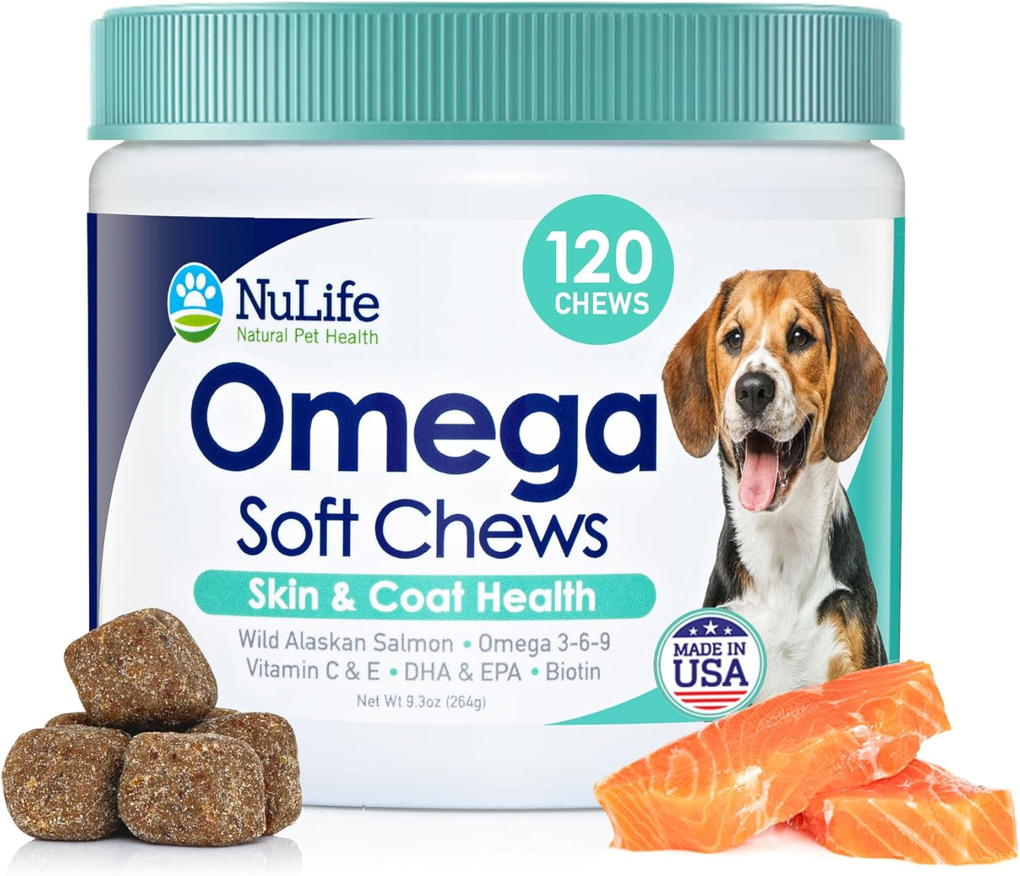 Wild Salmon Omega Skin and Coat Chews for Dogs - Natural Pet Health Treats with Biotin & Vitamin E - Itchy Skin Relief, Allergy Support, Shedding Control - Omega 3 6 9, EPA & DHA Fatty Acids - 120 Chews