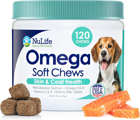 Wild Salmon Omega Skin and Coat Chews for Dogs - Natural Pet Health Treats with Biotin & Vitamin E - Itchy Skin Relief, Allergy Support, Shedding Control - Omega 3 6 9, EPA & DHA Fatty Acids - 120 Chews