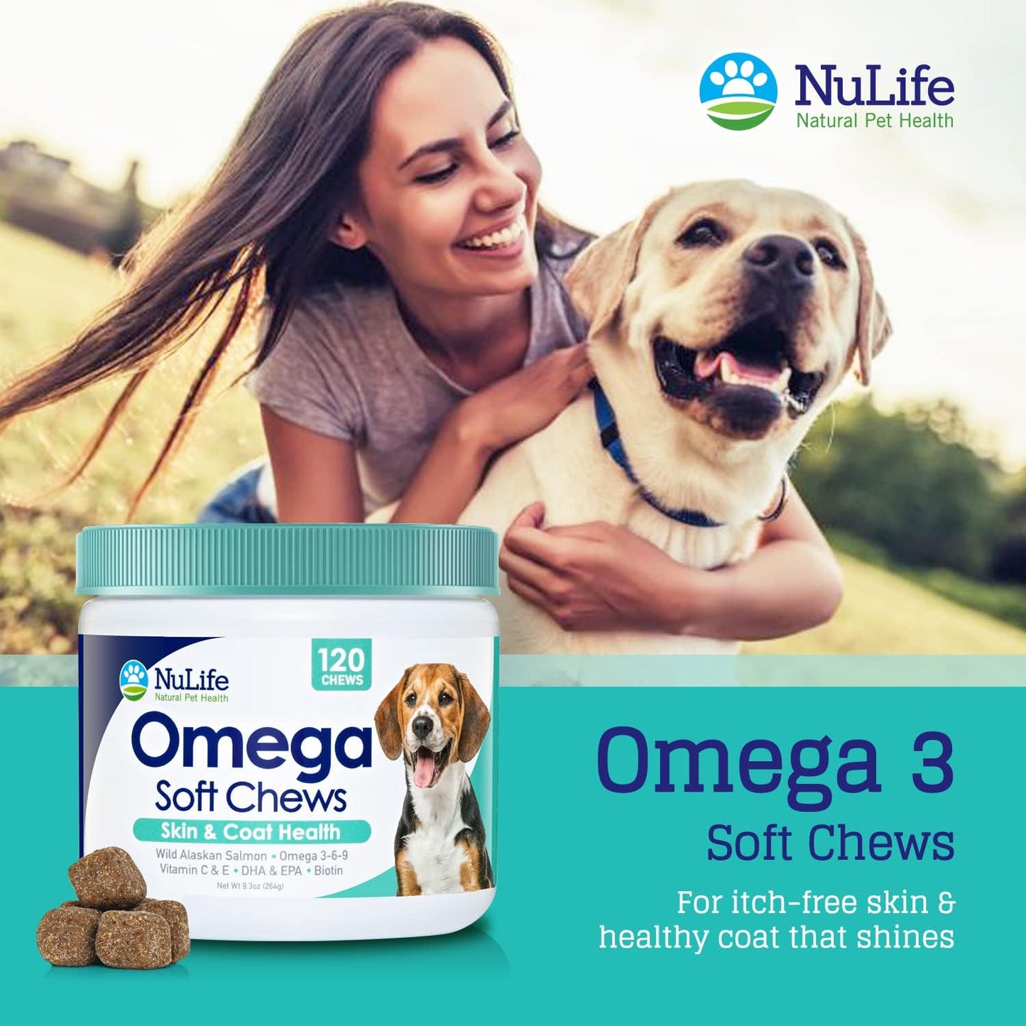 Wild Salmon Omega Skin and Coat Chews for Dogs - Natural Pet Health Treats with Biotin & Vitamin E - Itchy Skin Relief, Allergy Support, Shedding Control - Omega 3 6 9, EPA & DHA Fatty Acids - 120 Chews