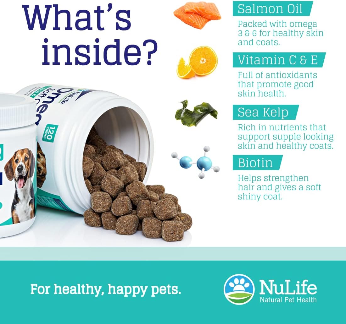 Wild Salmon Omega Skin and Coat Chews for Dogs - Natural Pet Health Treats with Biotin & Vitamin E - Itchy Skin Relief, Allergy Support, Shedding Control - Omega 3 6 9, EPA & DHA Fatty Acids - 120 Chews