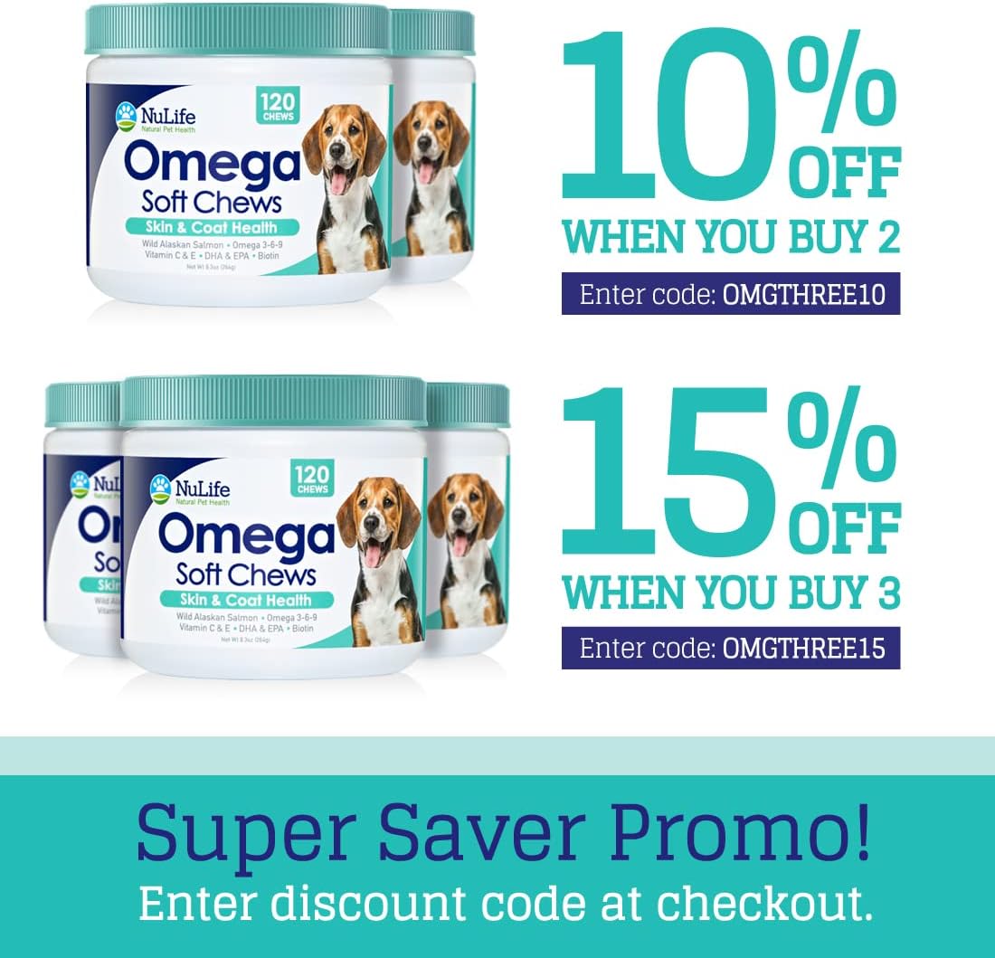 Wild Salmon Omega Skin and Coat Chews for Dogs - Natural Pet Health Treats with Biotin & Vitamin E - Itchy Skin Relief, Allergy Support, Shedding Control - Omega 3 6 9, EPA & DHA Fatty Acids - 120 Chews