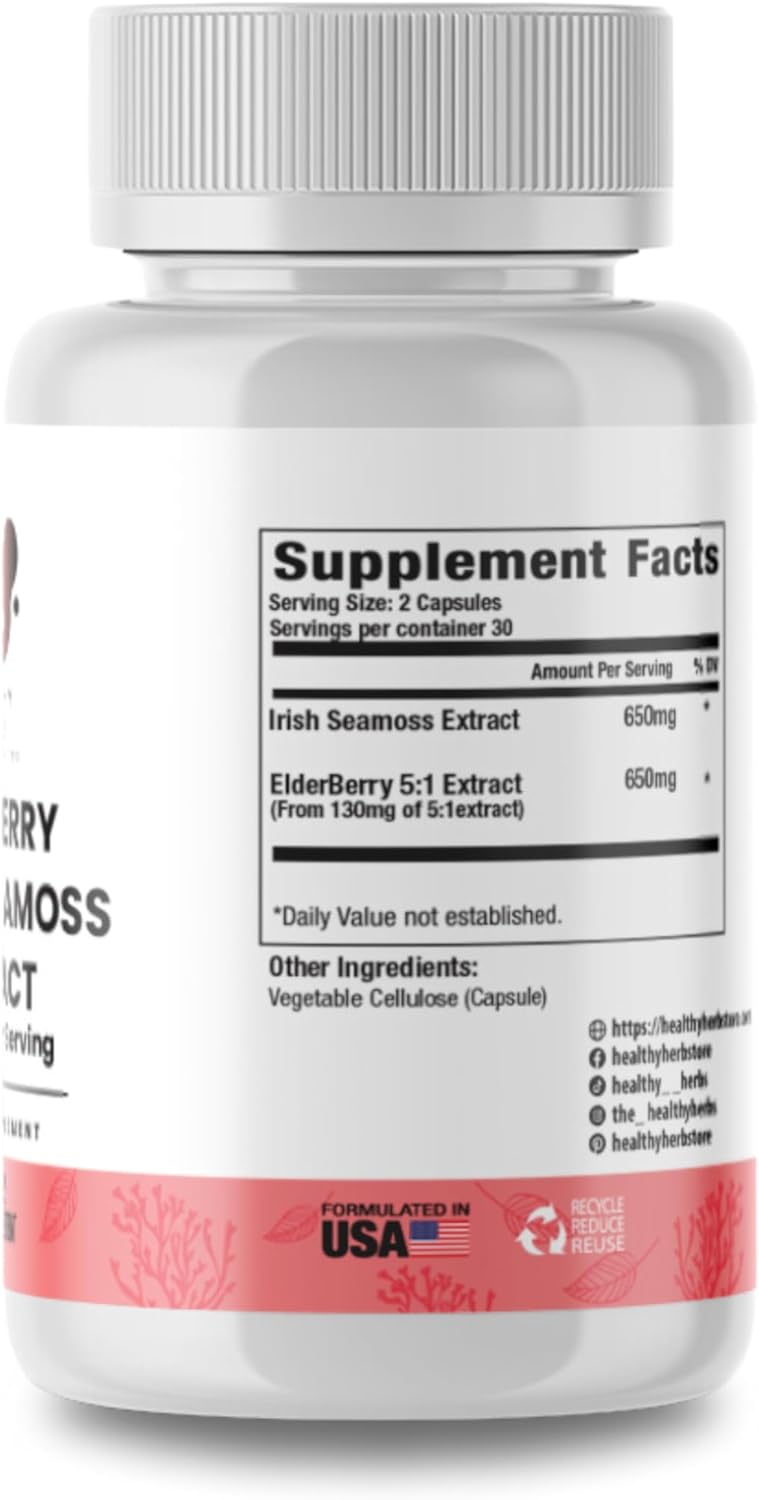 Wildcrafted Elderberry Sea Moss Capsules - 2600mg Irish Sea Moss + Elderberry Essentials Blend - US-Made, Vegan, Non-GMO - Easy-Swallow - 2 Pack