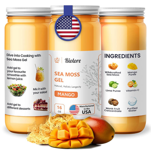 Wildcrafted Irish Sea Moss Gel 16 fl oz - Vegan Superfood for Immune Support - Made in USA with Vitamins and Trace Minerals - Mango Flavor