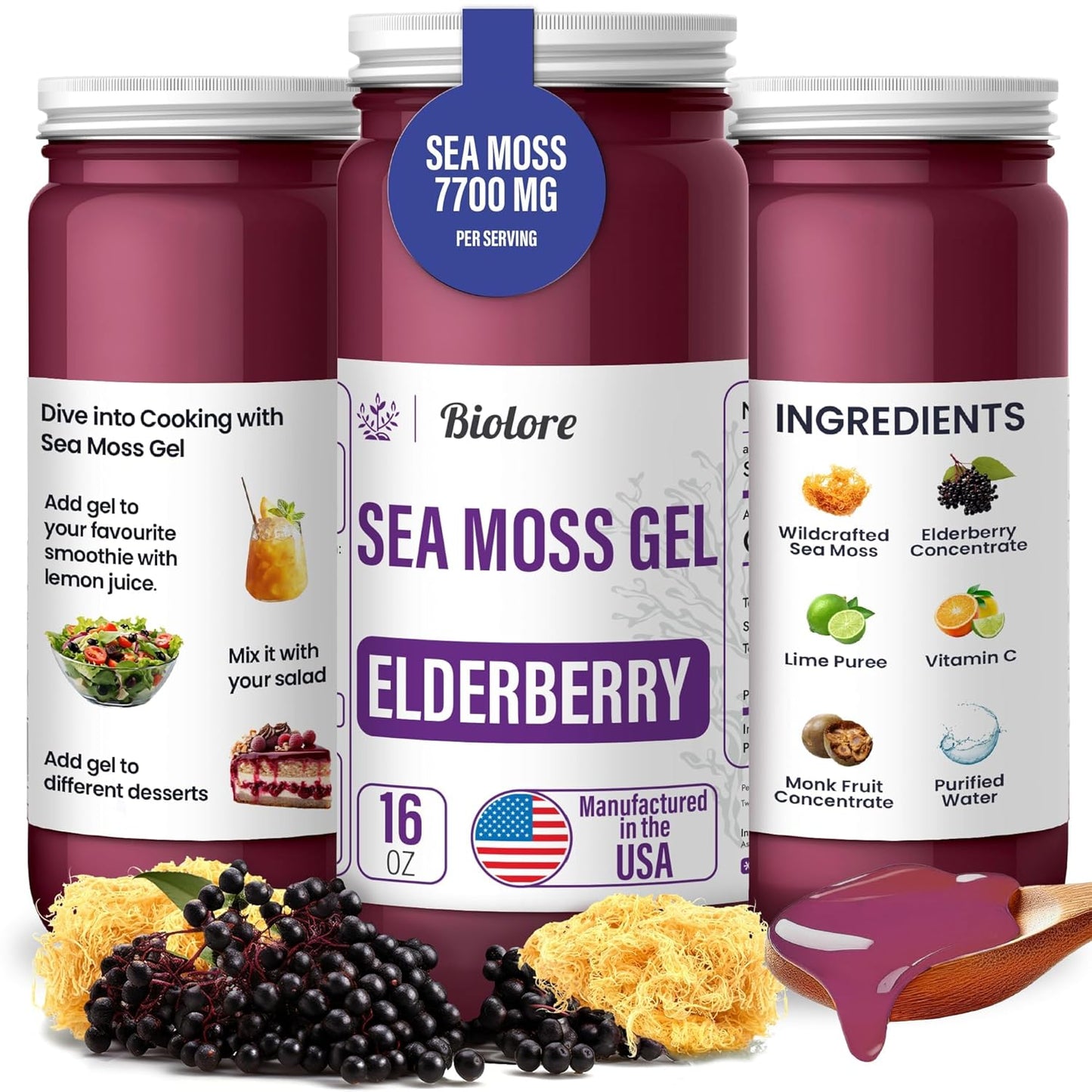 Wildcrafted Irish Seamoss Gel with Elderberry - 16oz Vegan Superfood Rich in Essential Vitamins & Trace Minerals - Made in USA