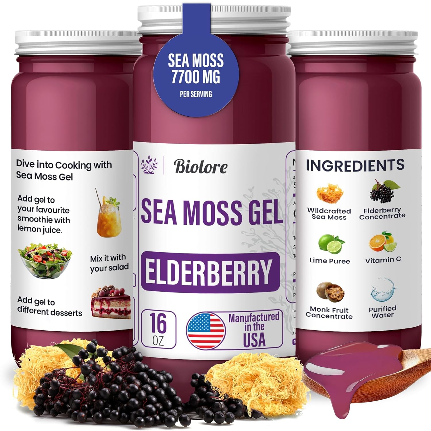 Wildcrafted Irish Seamoss Gel with Elderberry - 16oz Vegan Superfood Rich in Essential Vitamins & Trace Minerals - Made in USA