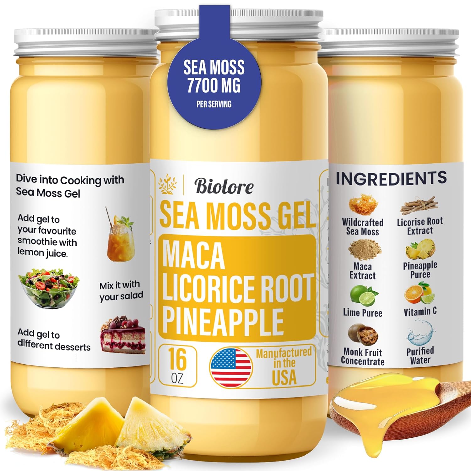 Wildcrafted Irish Seamoss Gel with Maca, Licorice, and Pineapple - 16oz Vegan Superfood with Essential Vitamins & Trace Minerals from USA