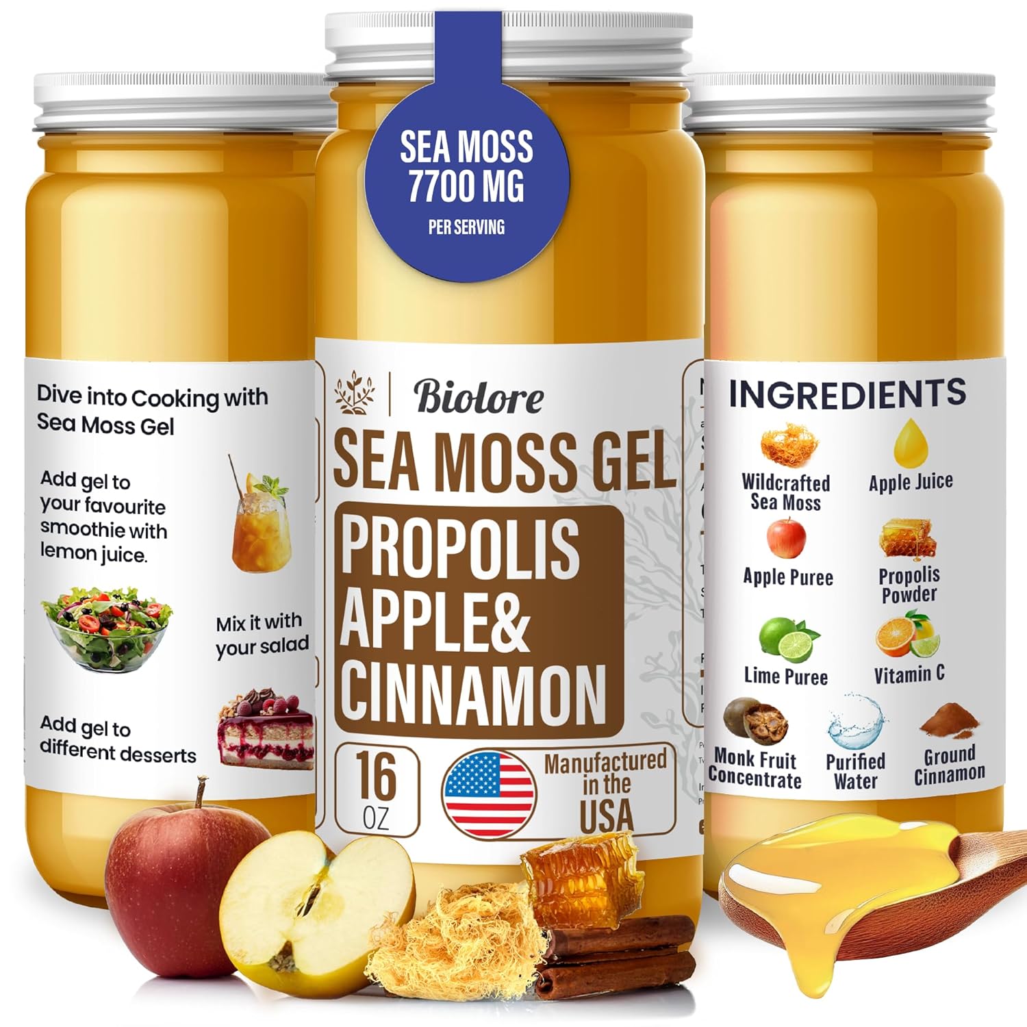 Wildcrafted Irish Seamoss Gel with Vitamins and Trace Minerals for Immune Support - 16 Fl Oz - Propolis-Apple-Cinnamon Flavor - Vegan Superfood from USA