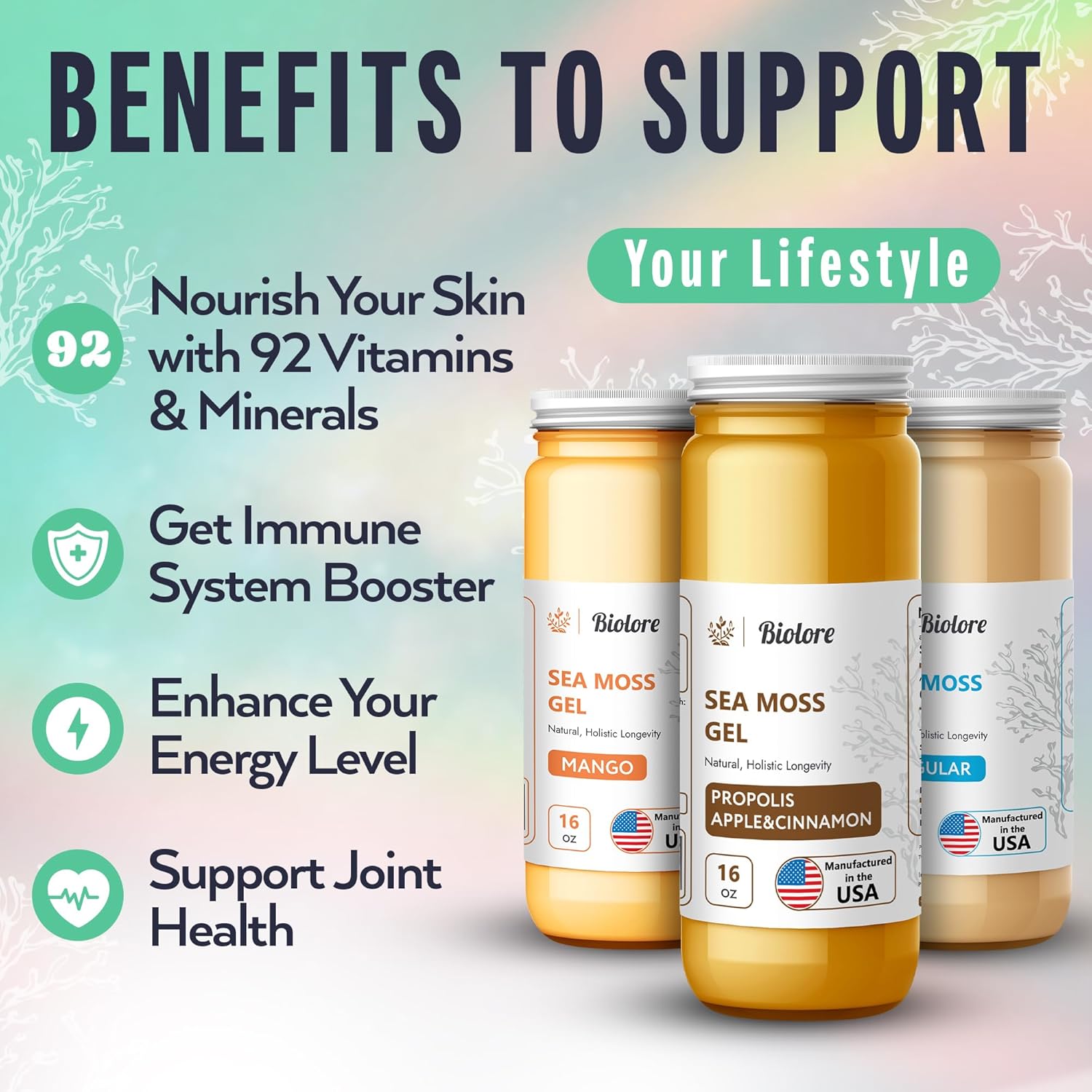 Wildcrafted Irish Seamoss Gel with Vitamins and Trace Minerals for Immune Support - 16 Fl Oz - Propolis-Apple-Cinnamon Flavor - Vegan Superfood from USA