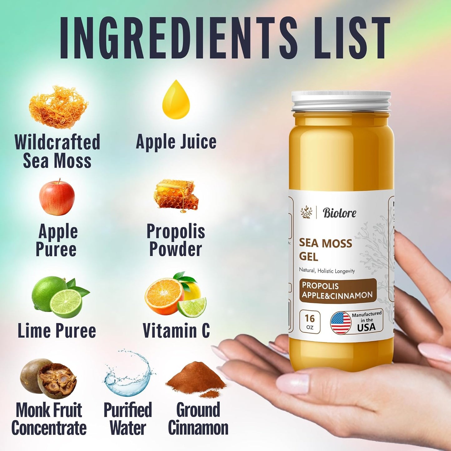 Wildcrafted Irish Seamoss Gel with Vitamins and Trace Minerals for Immune Support - 16 Fl Oz - Propolis-Apple-Cinnamon Flavor - Vegan Superfood from USA