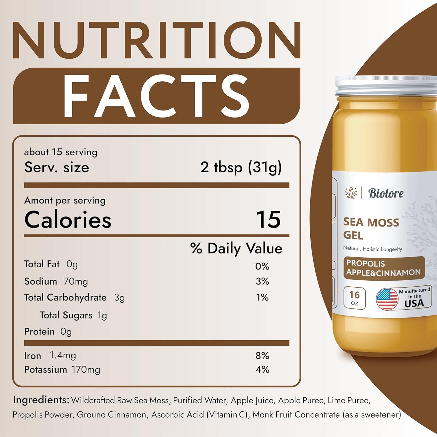 Wildcrafted Irish Seamoss Gel with Vitamins and Trace Minerals for Immune Support - 16 Fl Oz - Propolis-Apple-Cinnamon Flavor - Vegan Superfood from USA