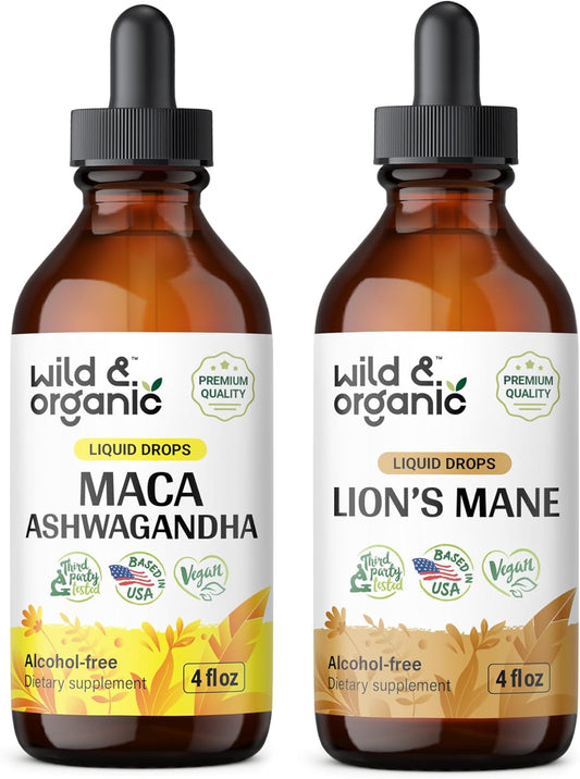 Wildcrafted Maca and Ashwagandha Tincture 4 fl oz with Lion's Mane Tincture 4 fl oz - Organic Herbal Blend