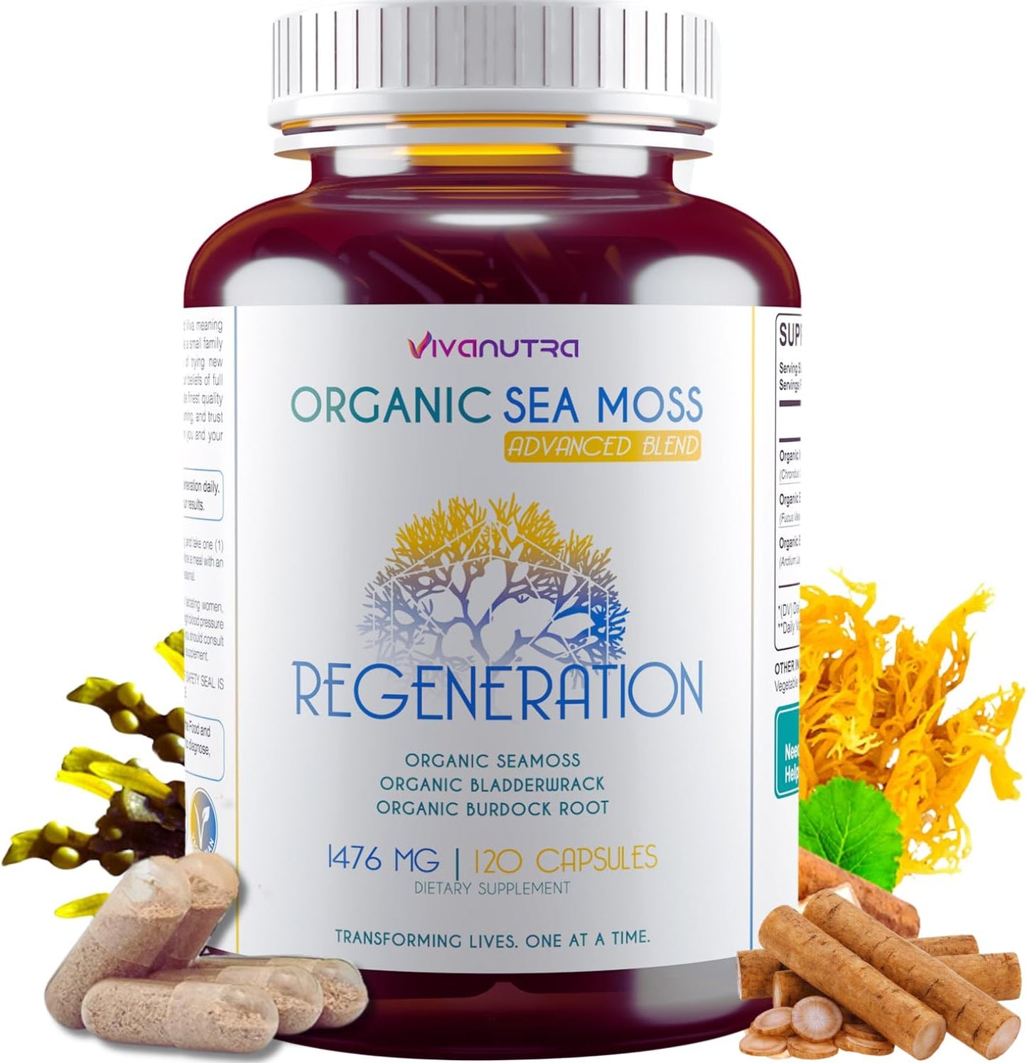 Wildcrafted Organic Sea Moss, Bladderwrack, Burdock Root Capsules - 120 Count - Alkaline Vegan Superfood Supplement - 2 Month Supply